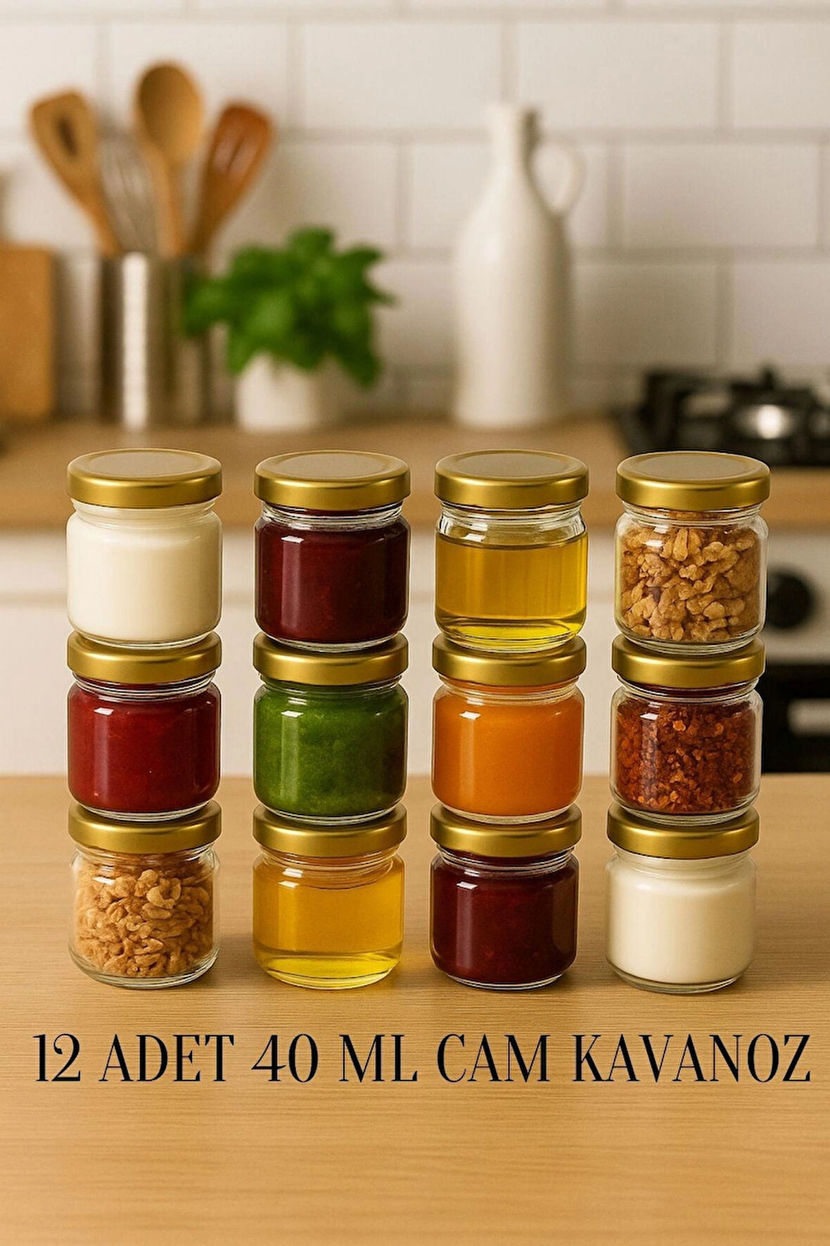 12 Adet 40 ml Gold Metal Kapaklı  Şeffaf Numune Mama Ek Gıda Şekerleme Reçellik Küçük Cam Kavanoz