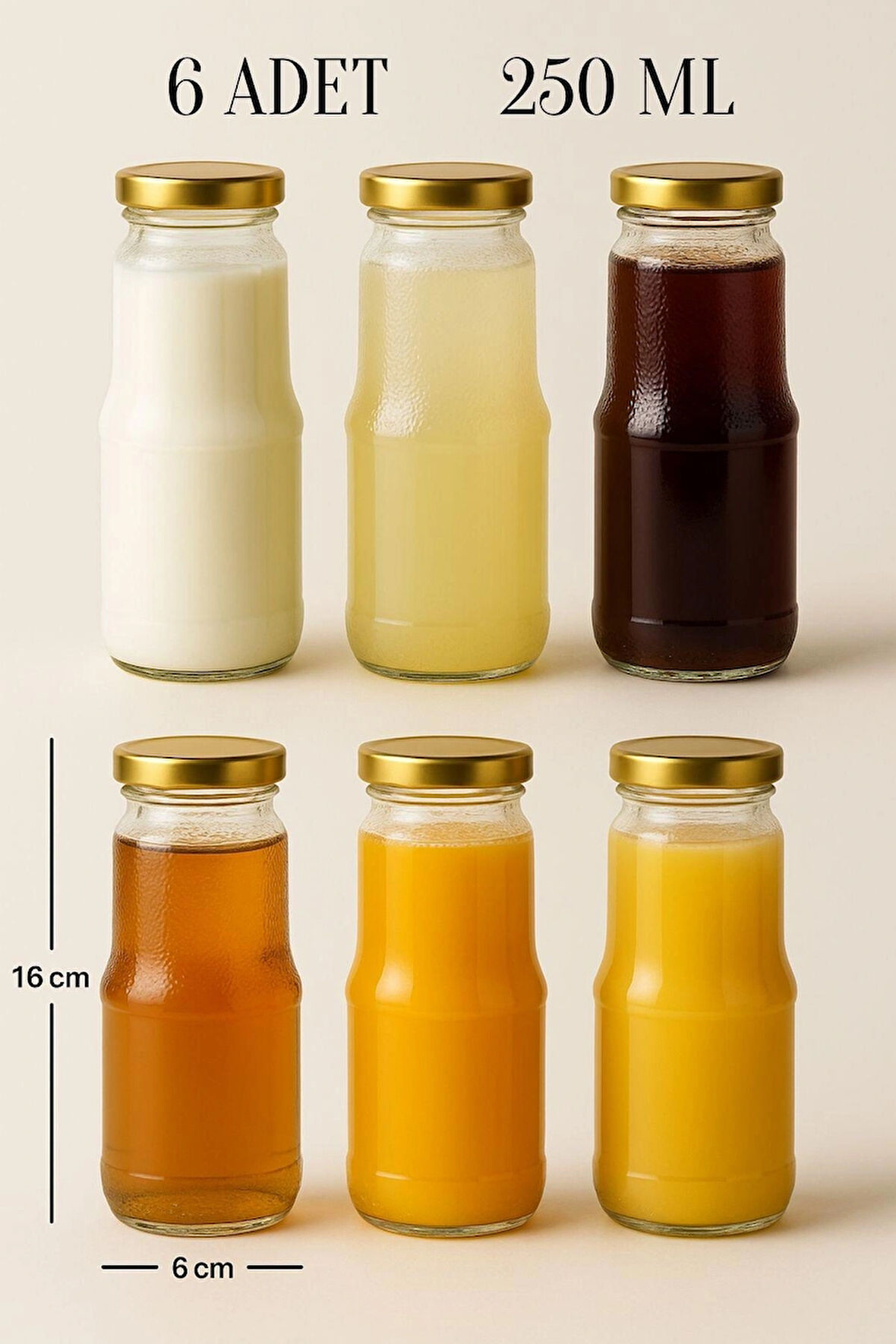 6 Adet 250 ML Şeffaf Sürahi Süt, Ayran, Su, Limonata, Meşrubat Şişesi Metal Gold Kapaklı Cam Şişe