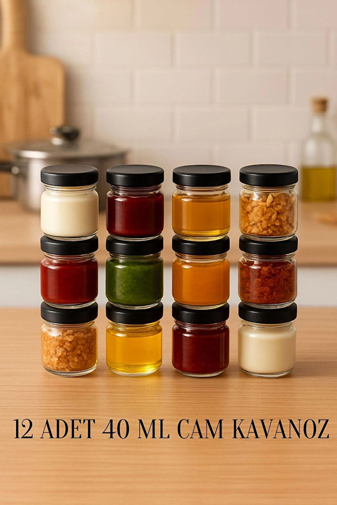 12 Adet 40 ml Siyah Metal Kapaklı  Şeffaf Numune Mama Ek Gıda Şekerleme Reçellik Küçük Cam Kavanoz