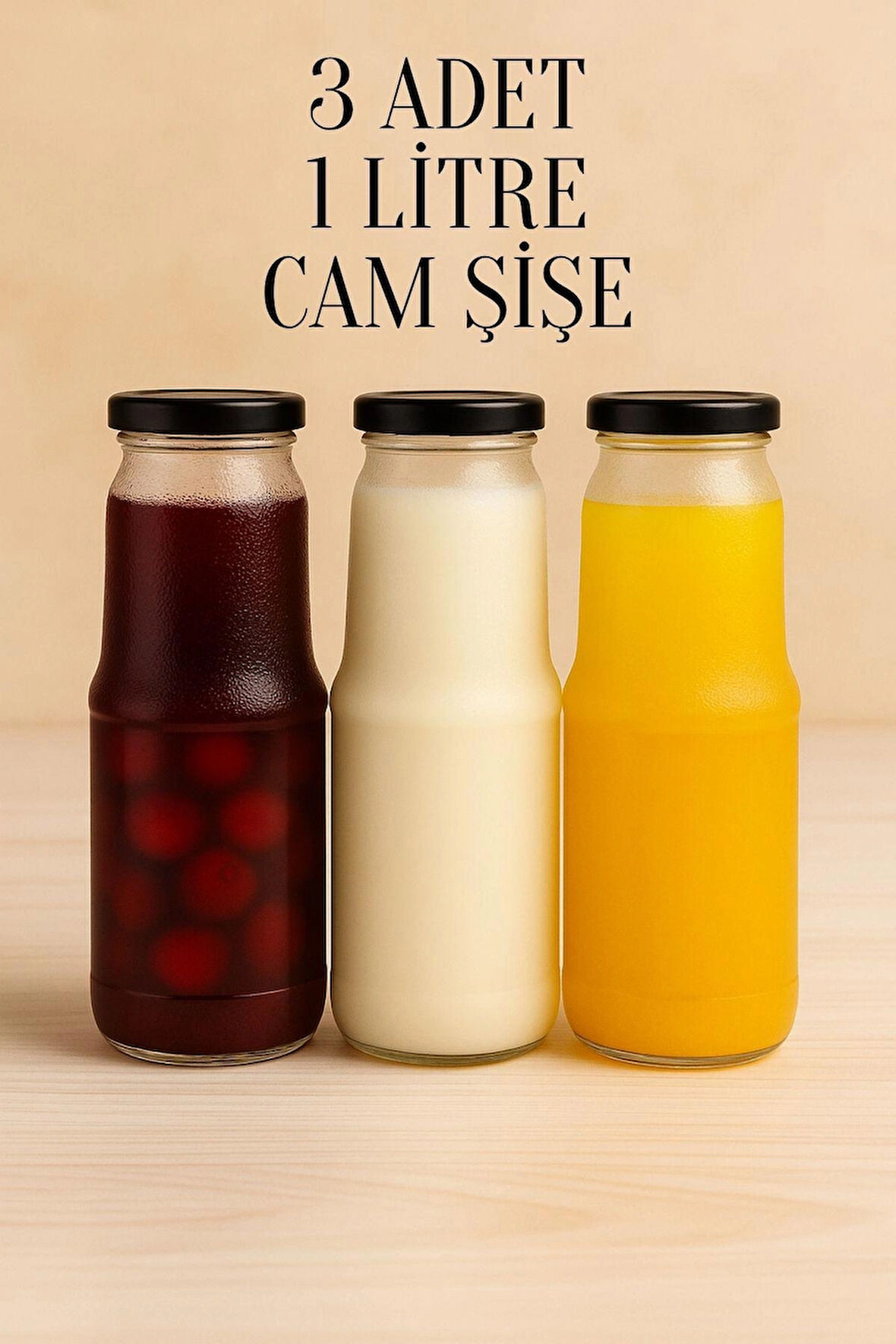 3 Adet 1 Litre Şeffaf Sürahi Süt, Ayran, Su, Limonata, Meşrubat Şişesi Metal Siyah Kapaklı Cam Şişe