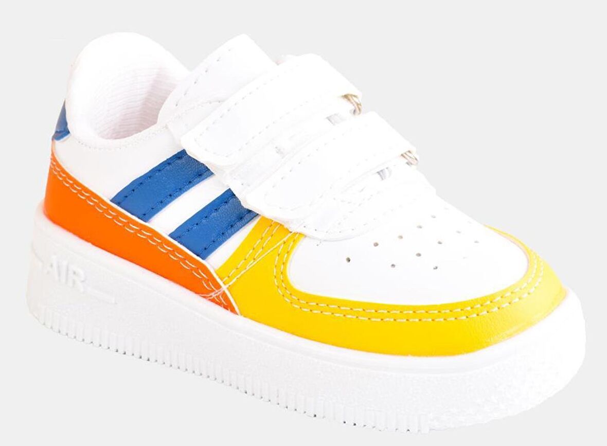 Günlük Unisex Çocuk Şeritli Beyaz Sneaker Cırtlı Hafif Rahat Spor Ayakkabı 