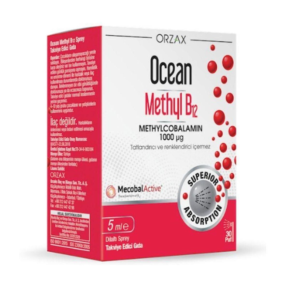 Orzax Ocean 1000 mg Methyl Cobalamin B12 Sprey 5 ml