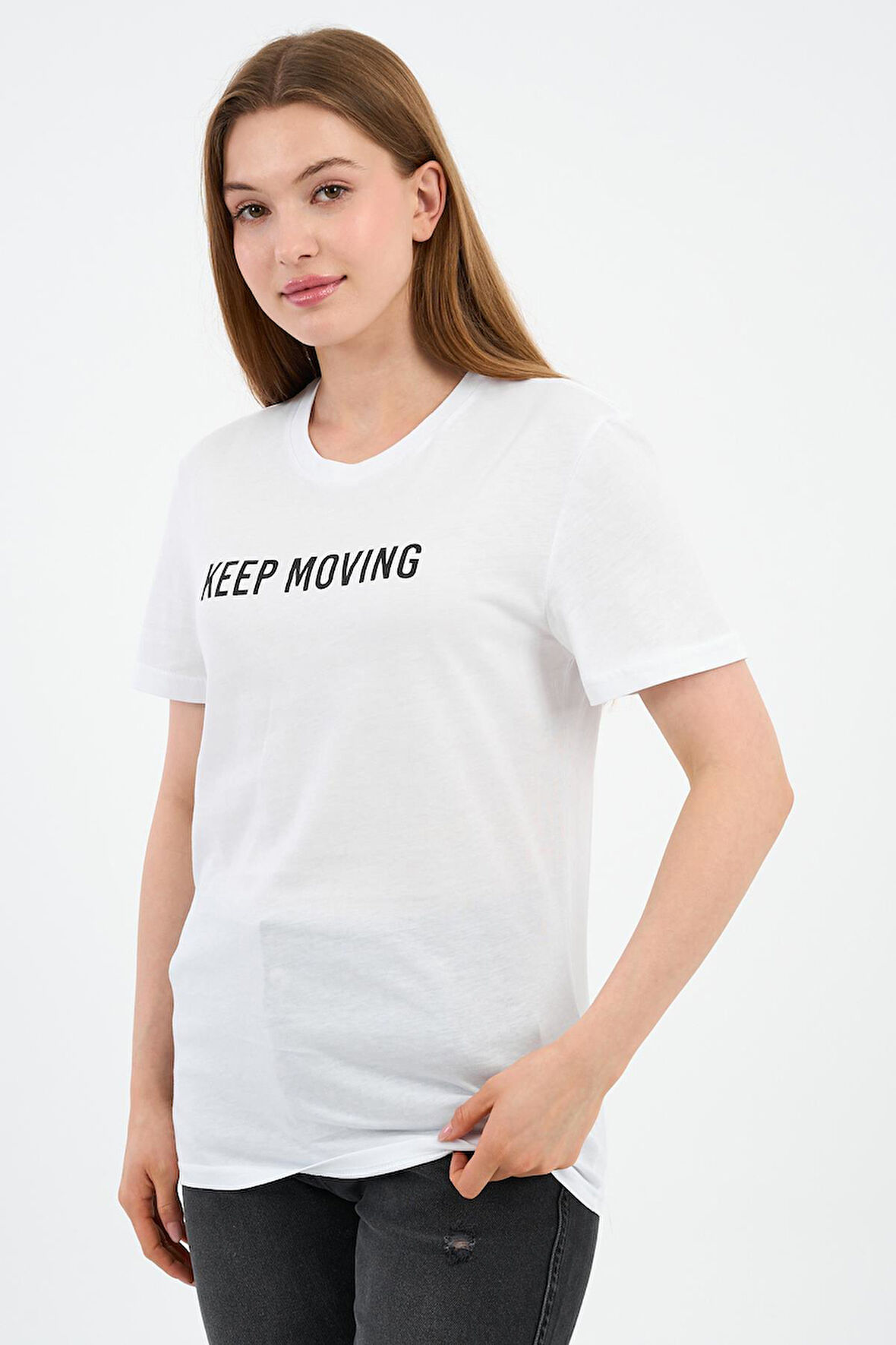 Baskılı Bisiklet Yaka Pamuklu T-shirt