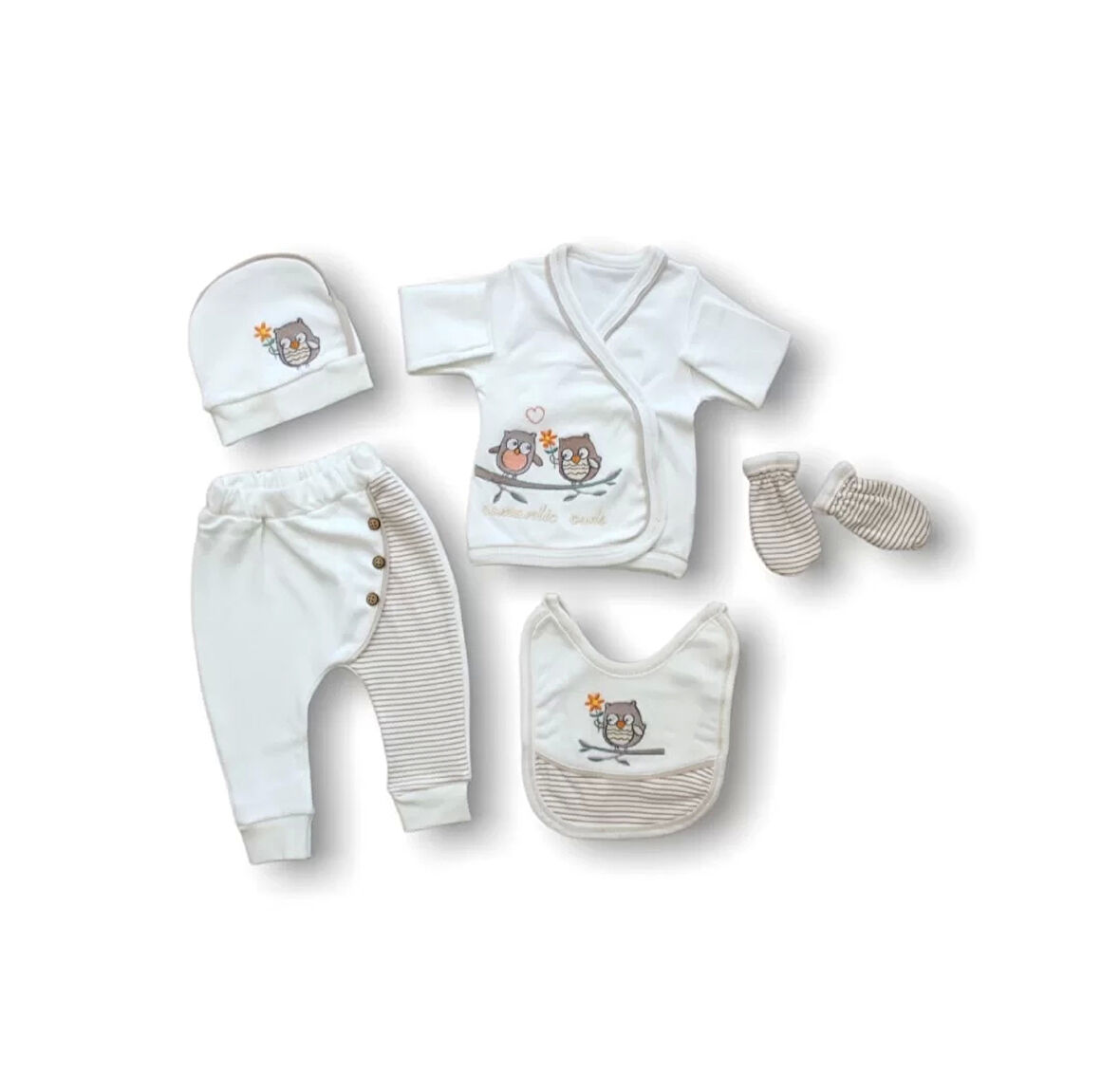 Eterella Romantik Çift Baykuş Nakışlı %100 Cotton Antibakteriyel 5li Zıbın Takımı Hastane Çıkışı Ekru