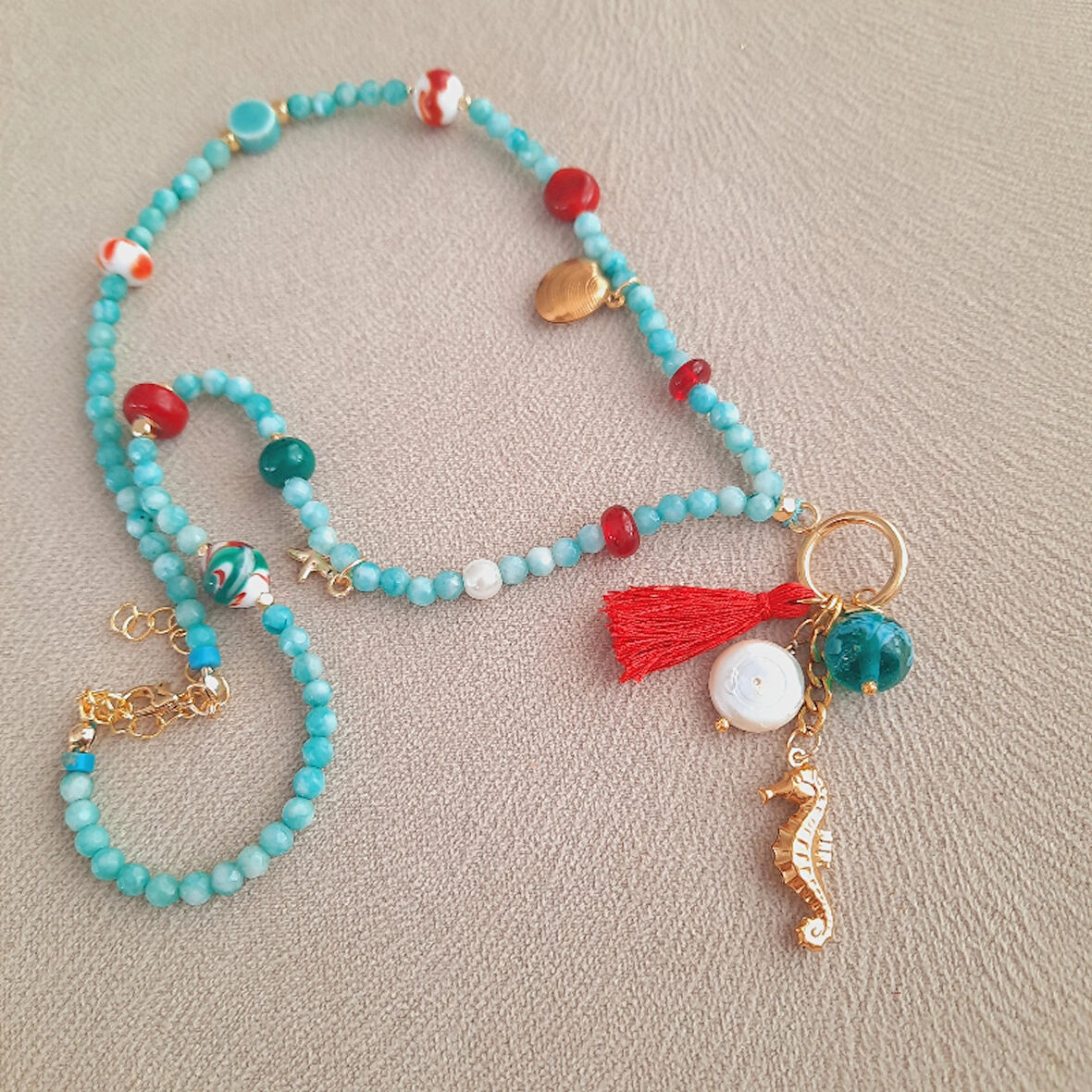 Mayorka İnci Deniz Atı Midye Amazonit Kolye