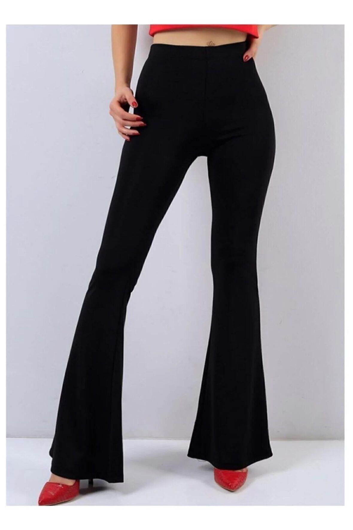 Yüksek Bel Toparlayıcı Çelik Ispanyol Paça Likralı Siyah Tayt