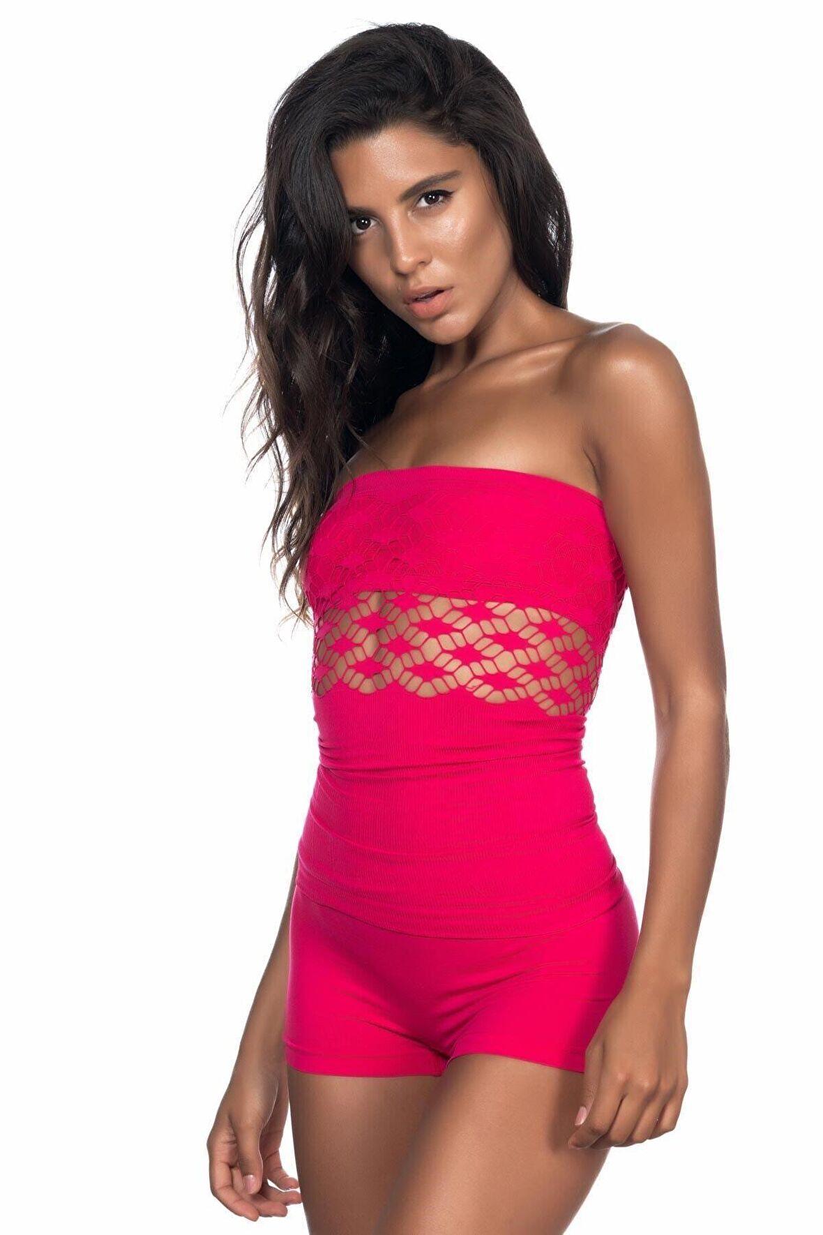 Kadın Pembe Seamless Straplez.fantezi Fileli Dikişsiz Korse Büstiyer