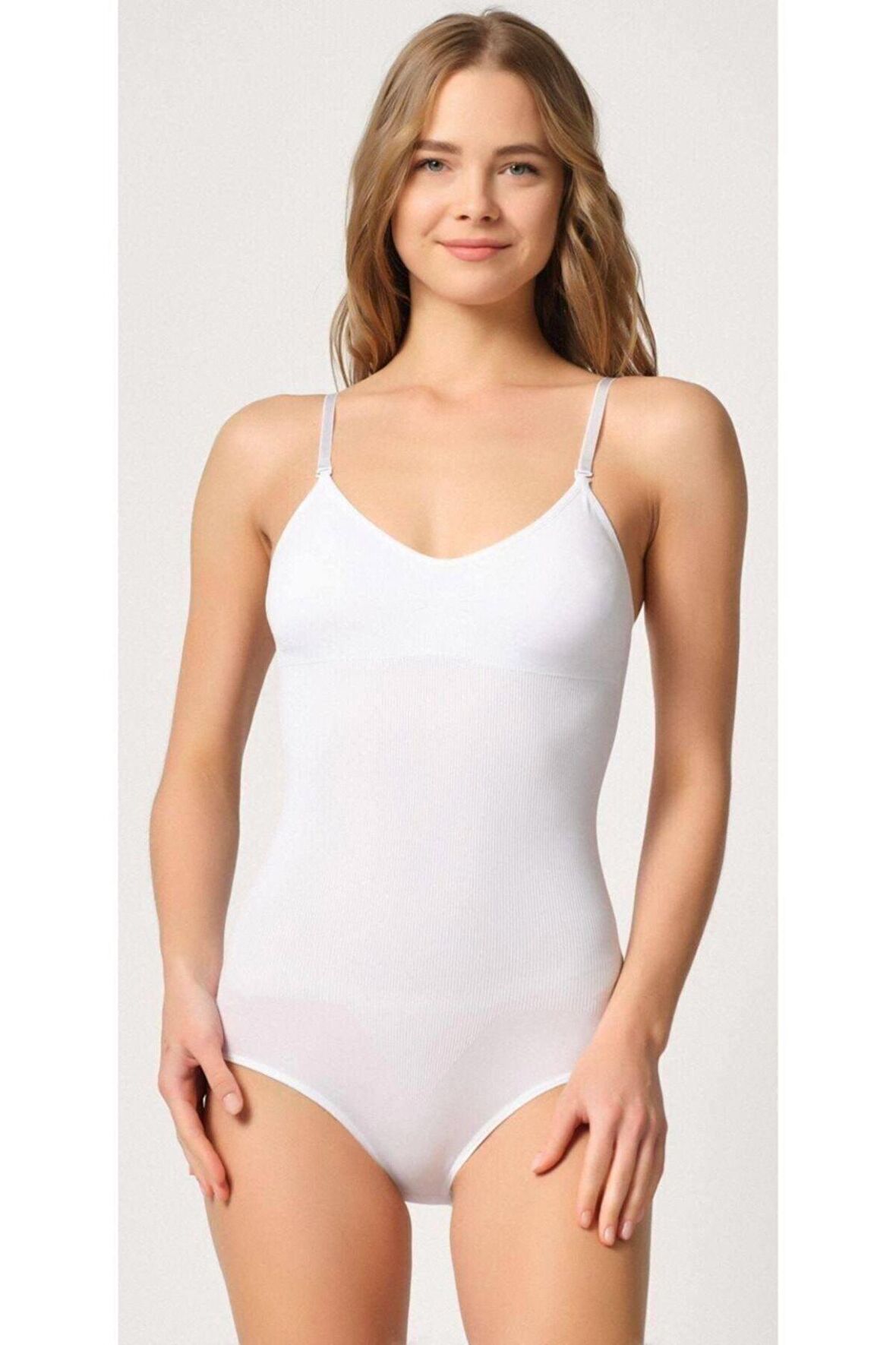 Kadın Beyaz Seamless Pedli Çıtçıtlı Toparlayıcı Badi