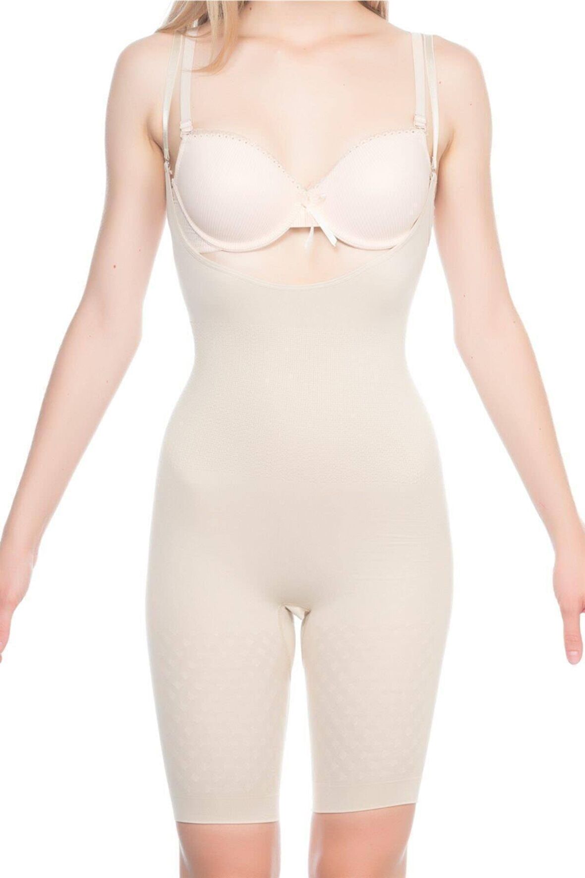 Kadın Bej Seamless Göğsü ve Popo Açık Uzun Paçalı Boxer Boy Korse