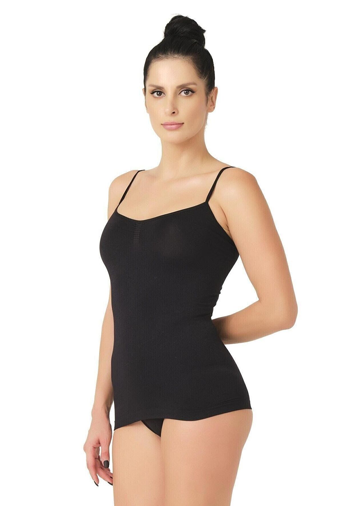 Kadın Siyah Ip Askılı Ripli Toparlayıcı Atlet 5011