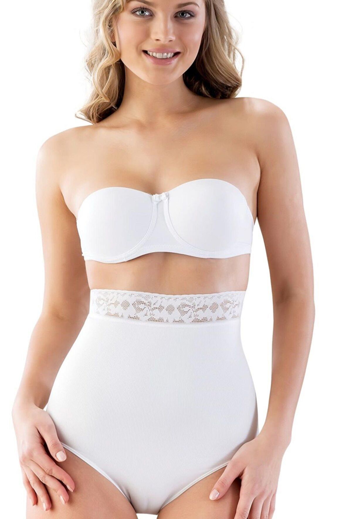 2028 Dikişsiz Dantelli Yüksek Bel Slip Korse Beyaz