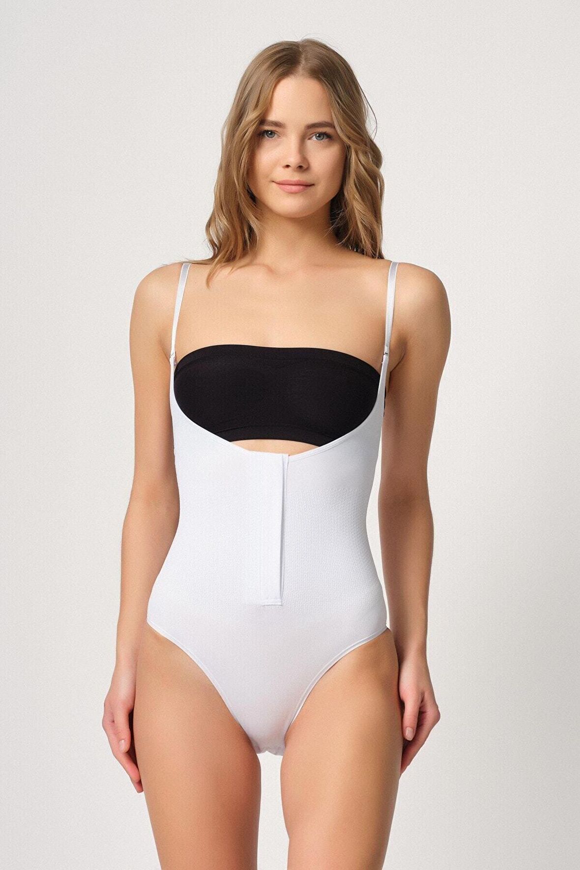 Kadın Beyaz Önden Agraflı Dikişsiz Göğüsü Açık Body Korse