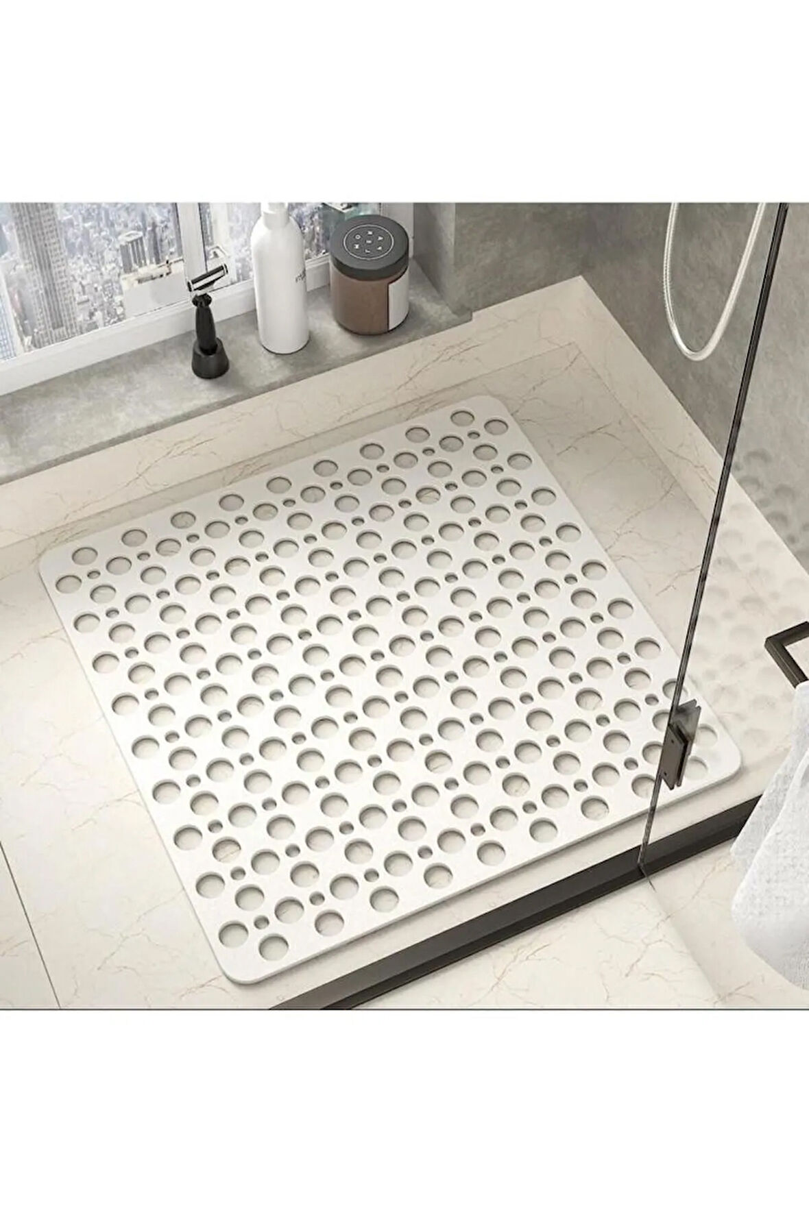 MAİN SHOP Kare Bubble Bath Math Banyo Paspası & Duş Kaydırmazı Beyaz Renk 2 Adet 54x54 Cm