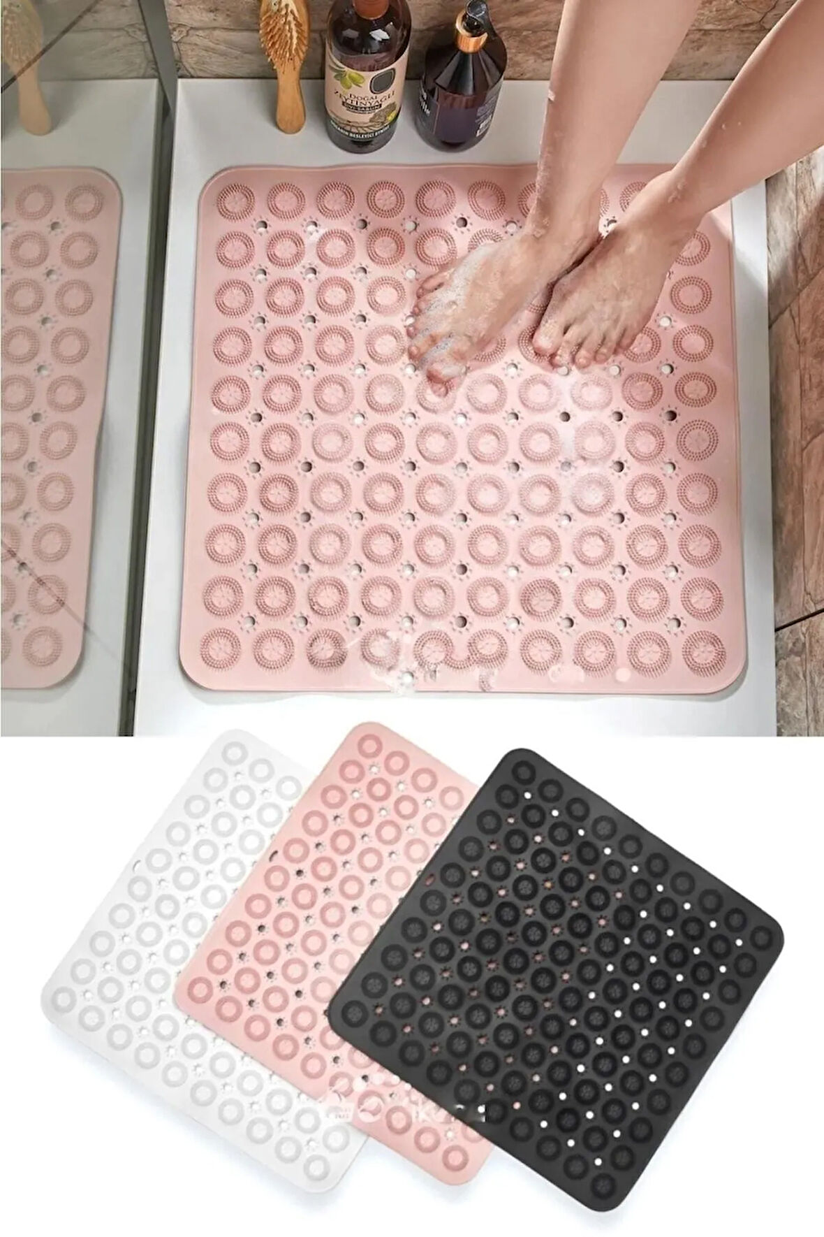 MAİN SHOP Kare Masajlı Silikon Banyo & Duş Kaydırmazı Pembe Renk 2 Adet