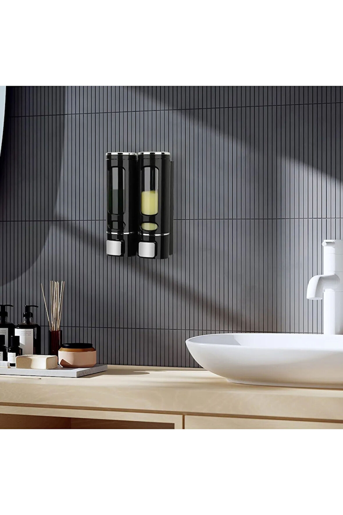 MAİN SHOP 2 ADET SİYAH 400 ml Sabunluk Duvara Monte Şeffaf Sıvı Plastik ve Mutfak Banyo Şişesi