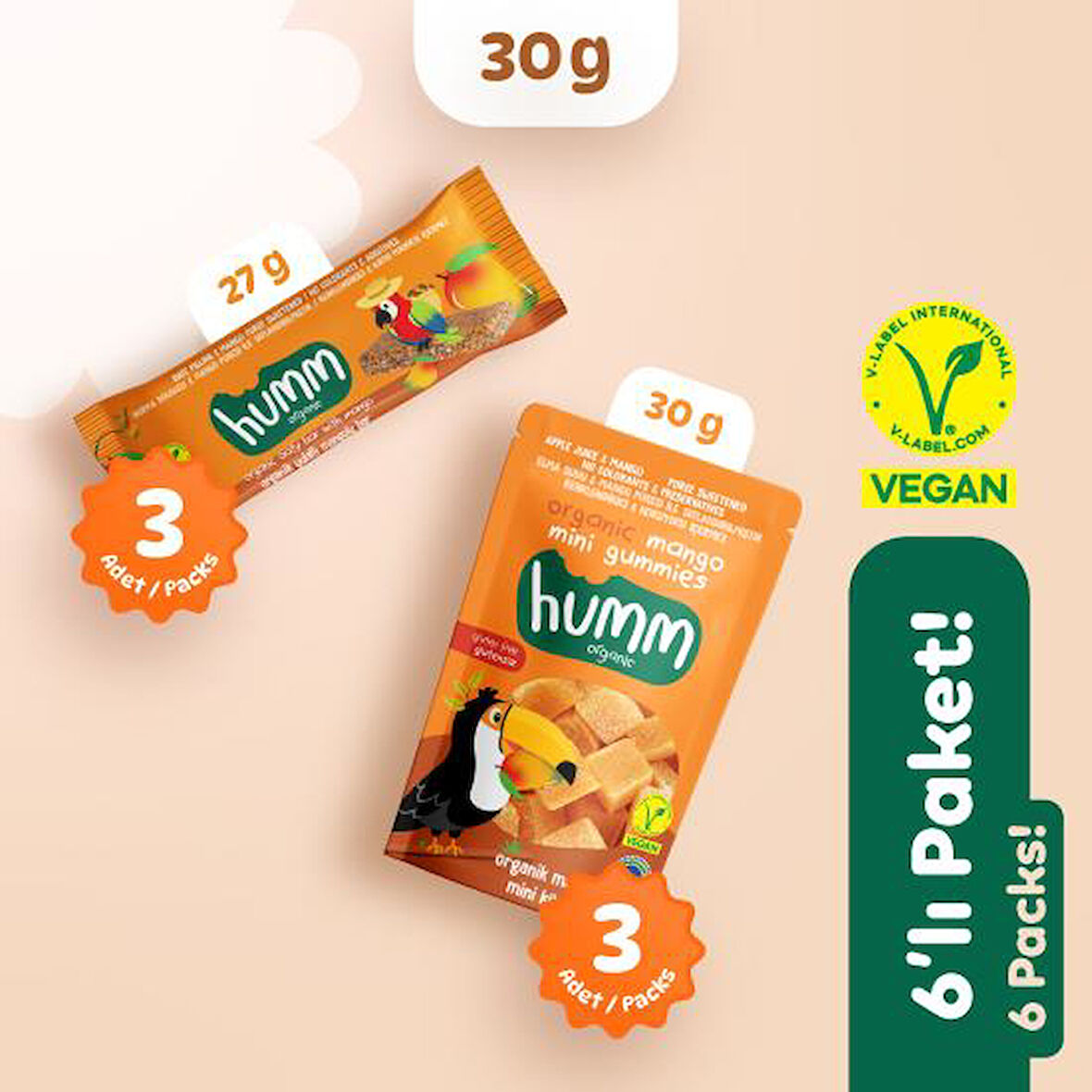 Organik Vegan Mangolu Meyveli Küp & Yulaf Bar Atıştırmalık Paketi - 6 adet (2 çeşit) 