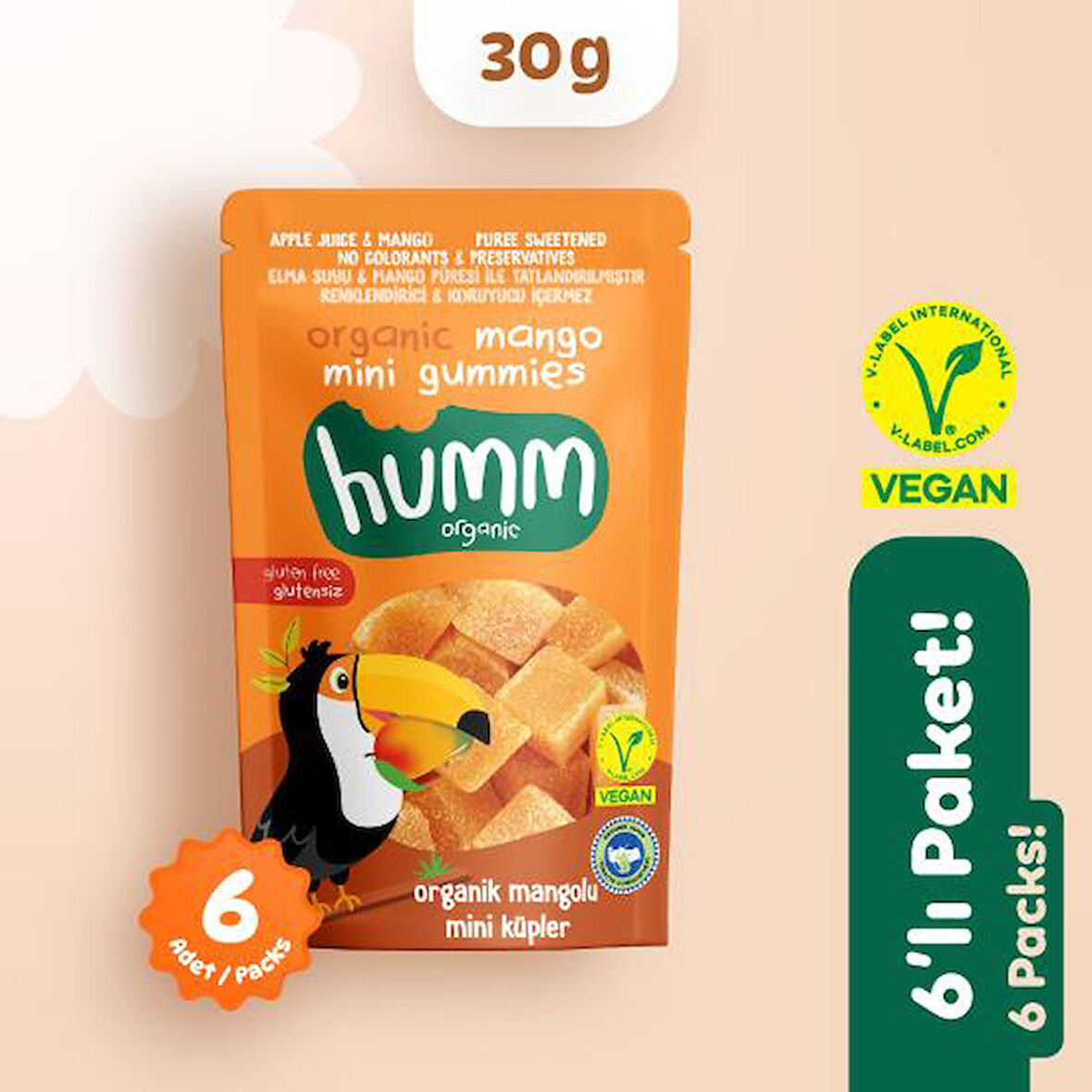 Organik Glutensiz Vegan Mangolu Mini Küpler Atıştırmalık Paketi - 6 adet