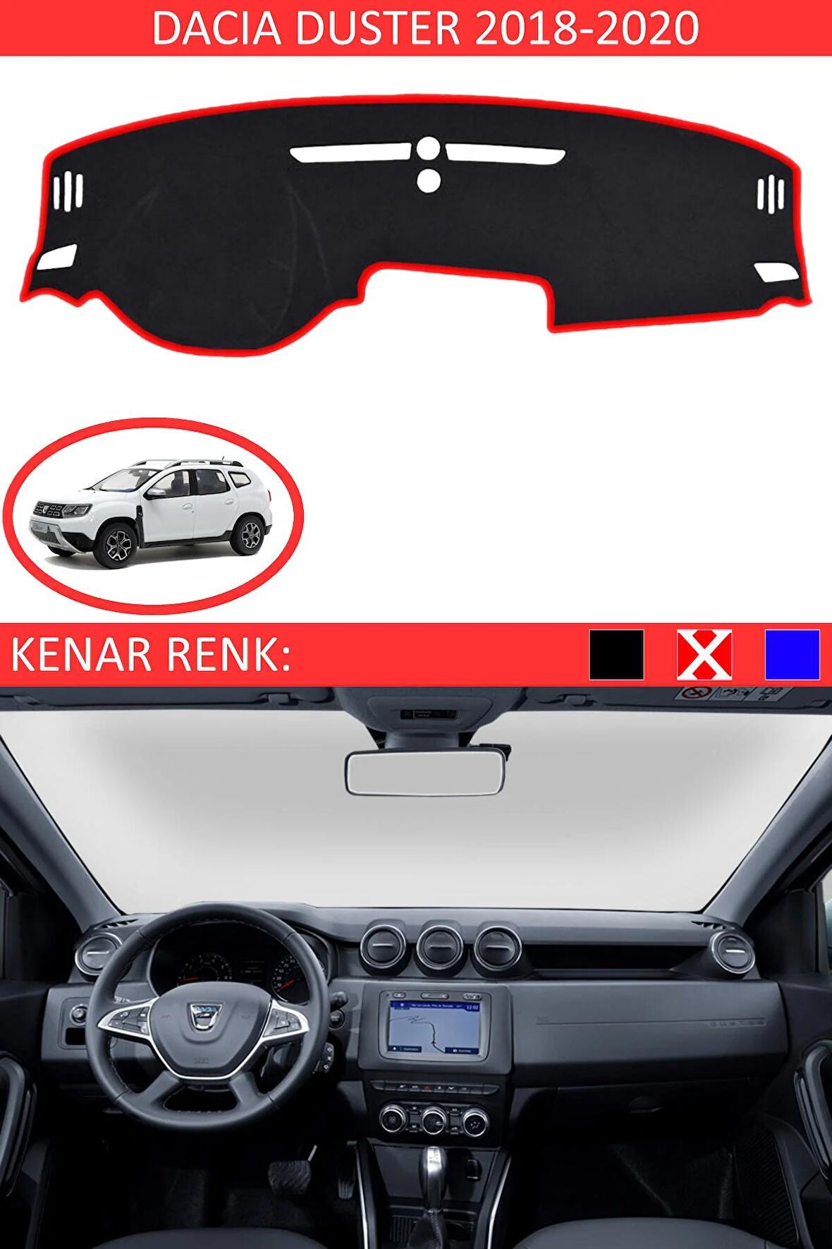 DACIA DUSTER 2018-2020 MODEL İÇİN TORPİDO KORUMA HALISI SİYAH RENK KIRMIZI KENAR