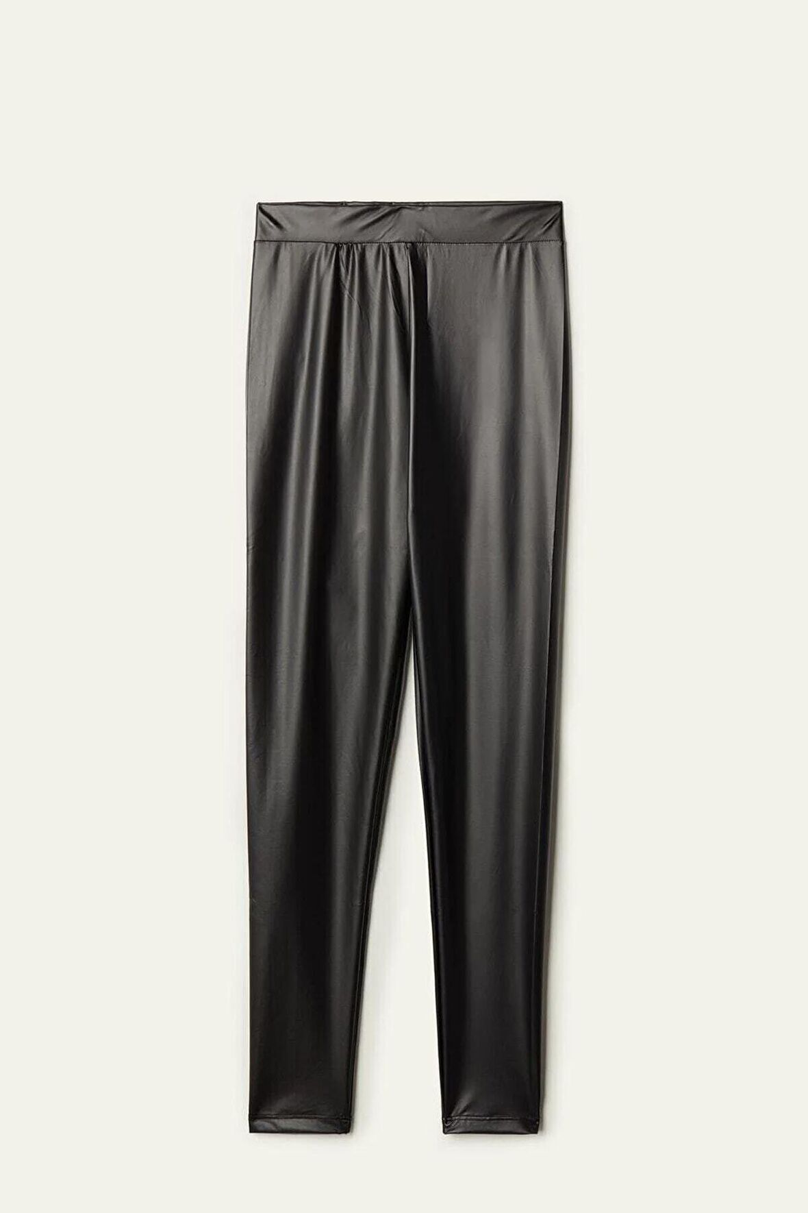 Kadın Yüksek Bel Toparlayıcı Ince Mat Deri Tayt - Siyah