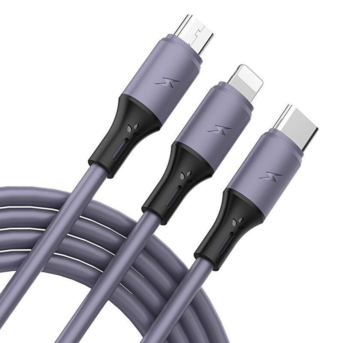 Native Audio 1.2 Metre 3 Uçlu (Micro USB, Type-C, Iphone) Mor Şarj Kablosu