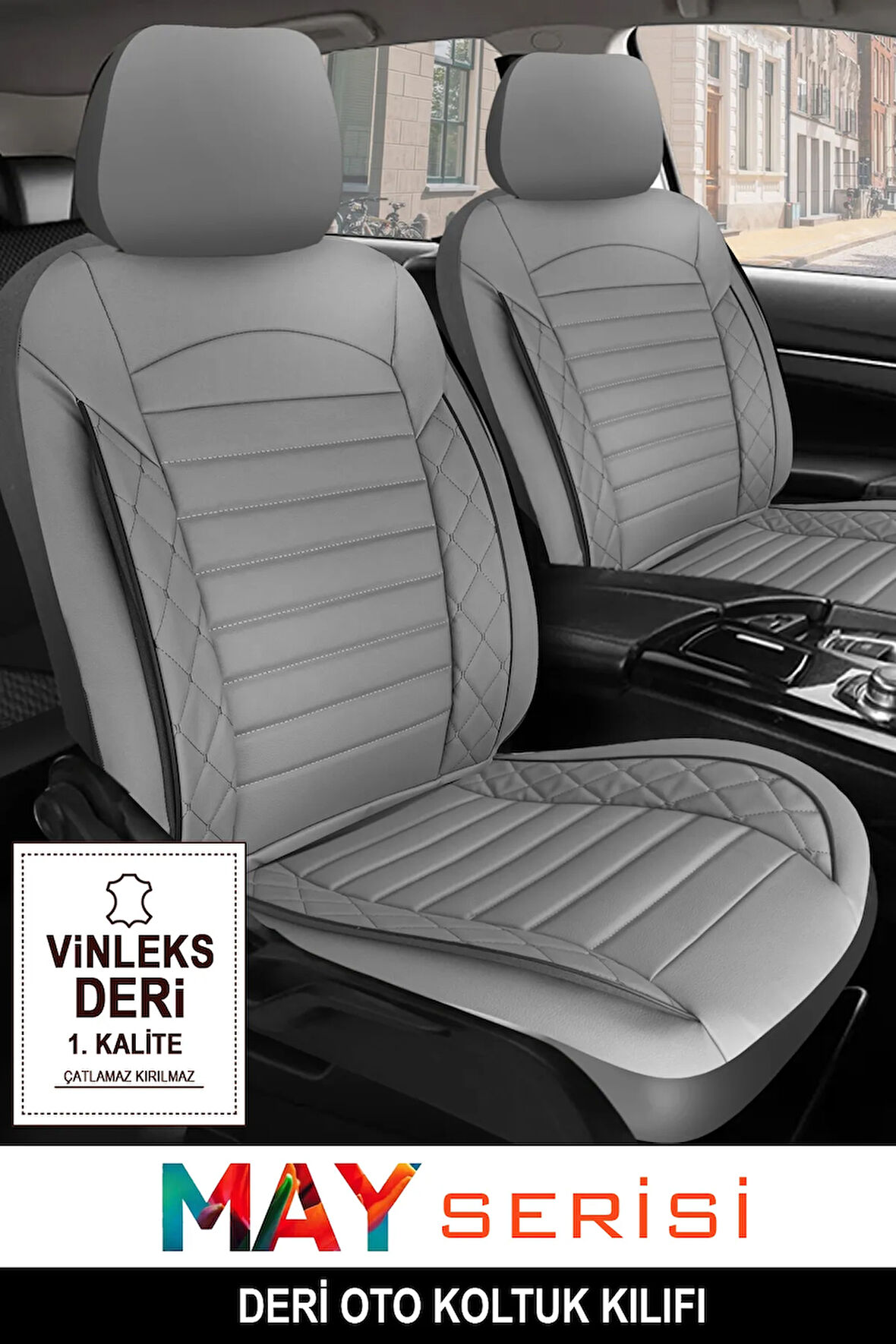 Ford C-Max  Uyumlu 5 KOLTUK TAM SET MAY SERİSİ DERİ OTO KOLTUK KILIFI TERLETME YAPMAZ GRİ