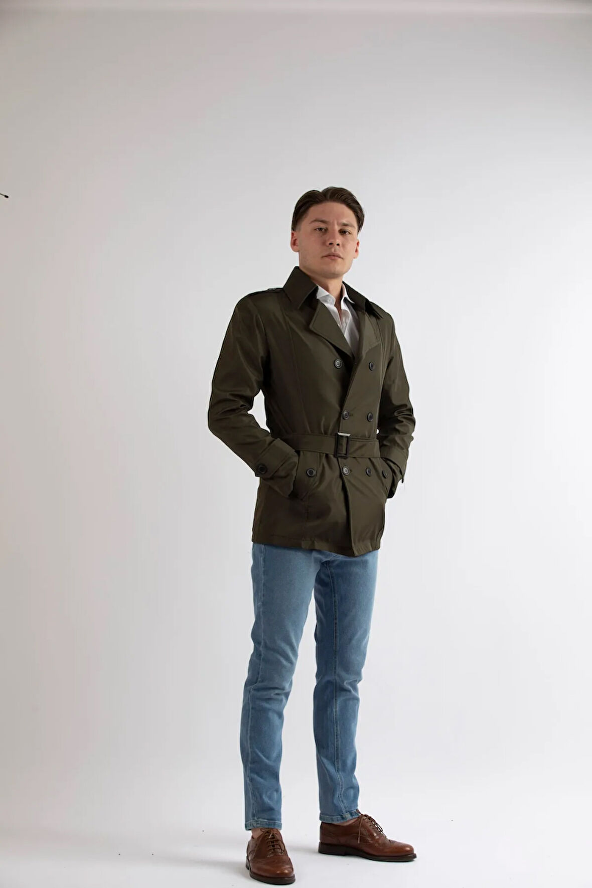 Erkek Haki Slim Fit Kısa Model Trençkot