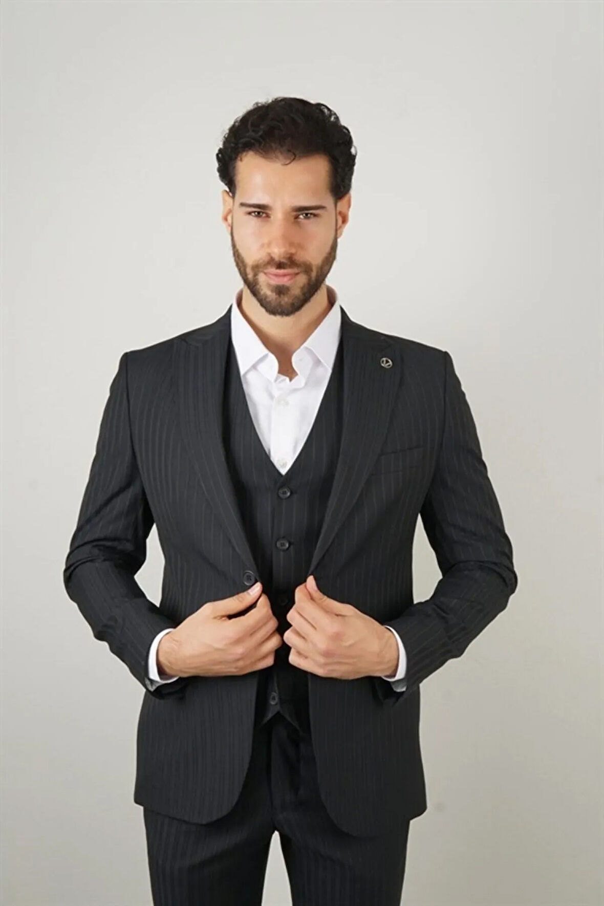 Slim Fit Siyah Yelekli Takım Elbise Çizgili Desenli