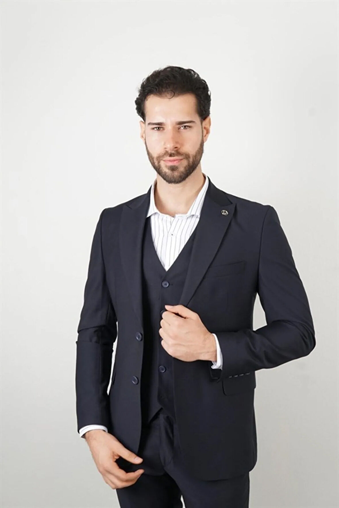 Slim Fit Lacivert Yelekli Takım Elbise Düz Desenli