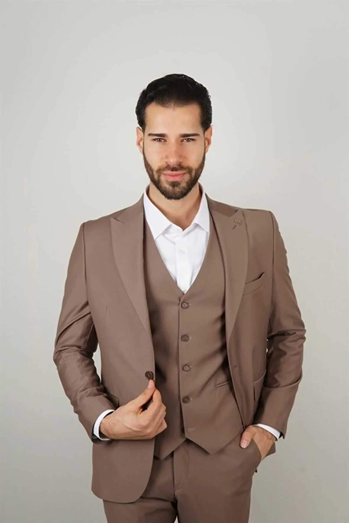 Slim Fit Kahverengi Takım Elbise Düz Desenli