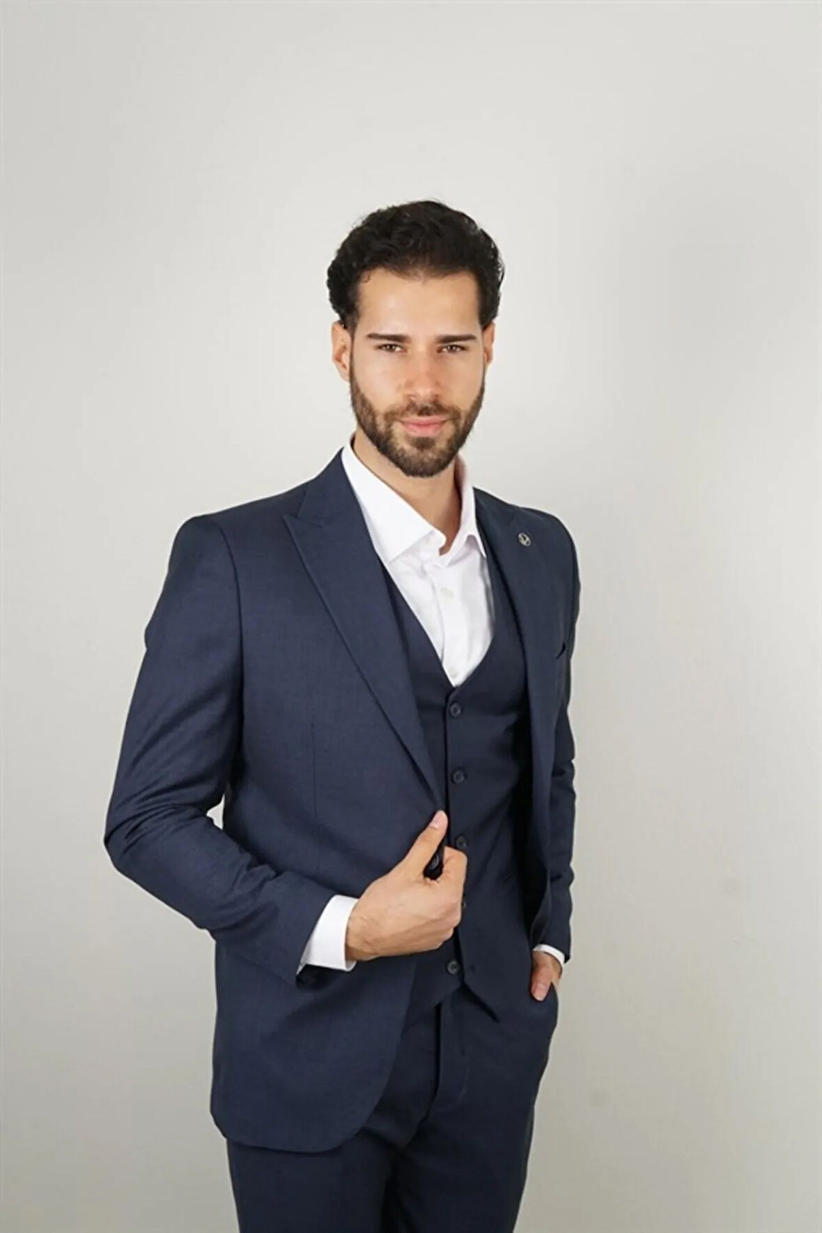 Slim Fit Lacivert Takım Elbise Kendinden Desenli