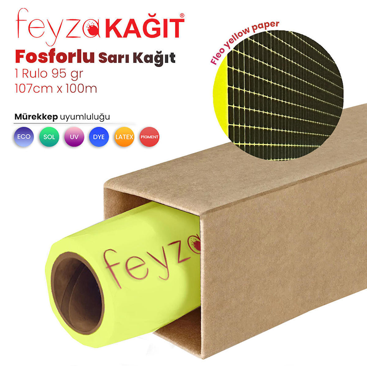 Feyza Kağıt® Flo Fosforlu Sarı (Floresan) Kağıt Rulo 95 gr 107 cm x 100 mt (1 Rulo)