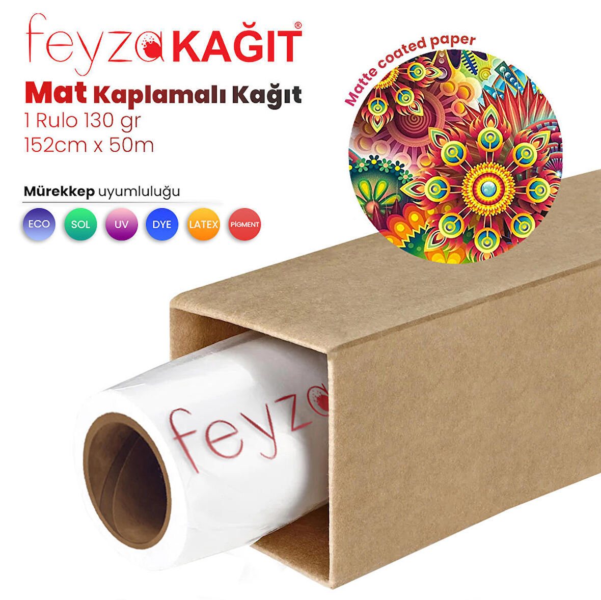 Feyza Kağıt® Premium Mat Coated Kağıt (Kaplamalı) 130 gr Rulo 152 cm x 50mt (1 Rulo)