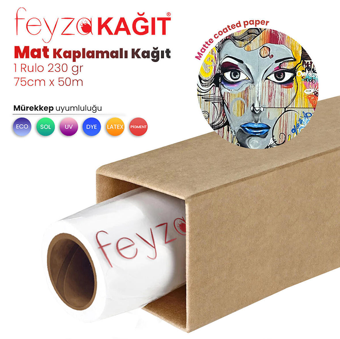 Feyza Kağıt® Premium Mat Coated Kağıt (Kaplamalı) 230 gr Rulo 75 cm x 50mt (1 Rulo)