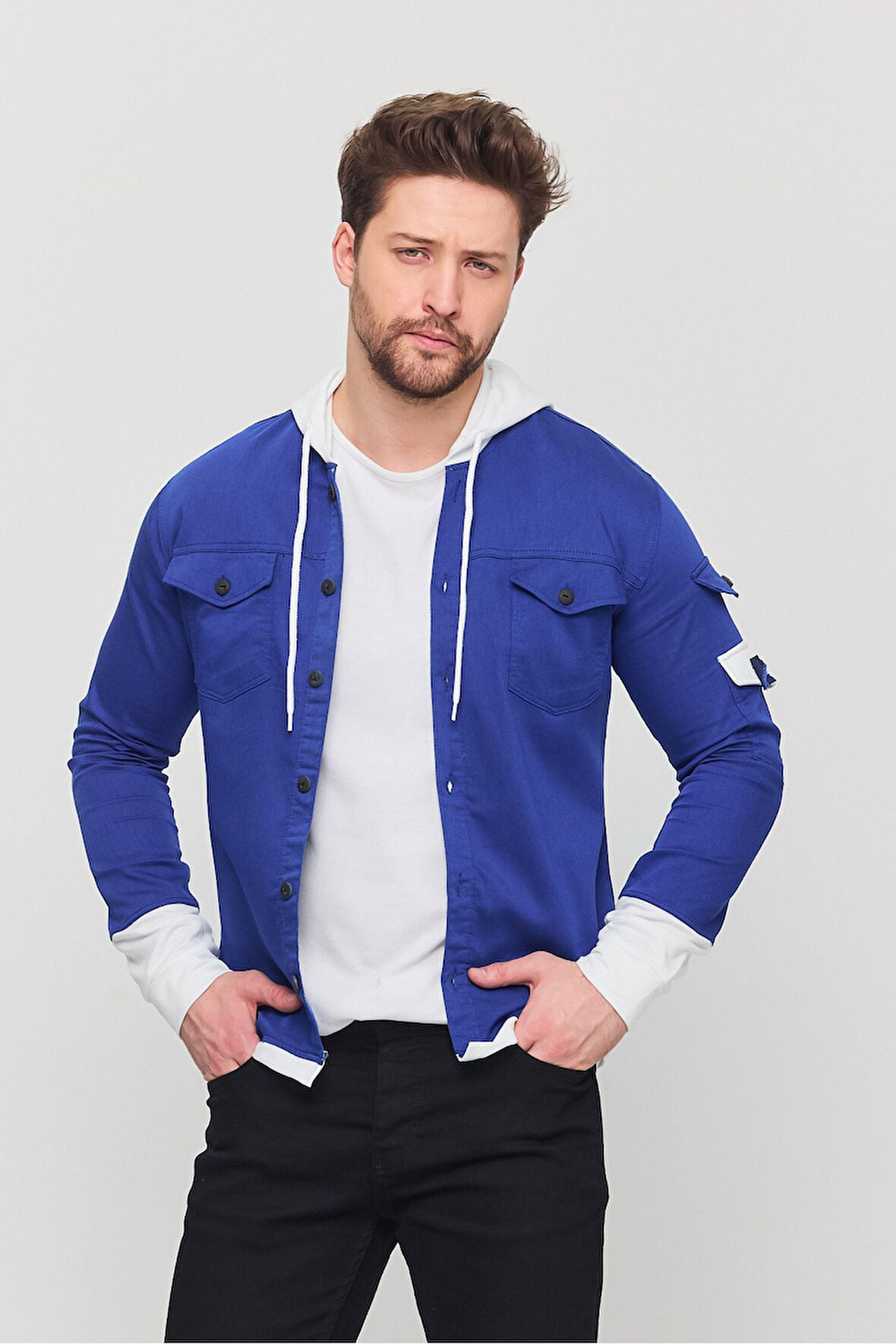 Erkek Slim Fit Dar Kalıp Kapüşonlu Detaylı Kot Gömlek