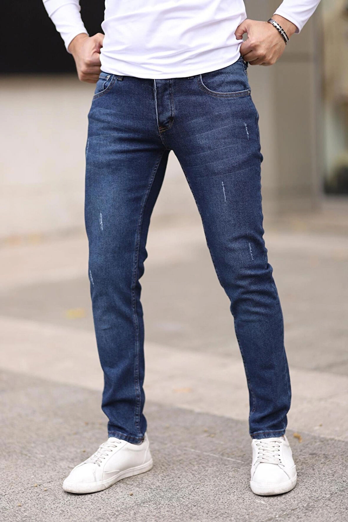 Erkek Mavi Jean Slim Fit Dar Paça Likralı Esnek Kot Pantolon