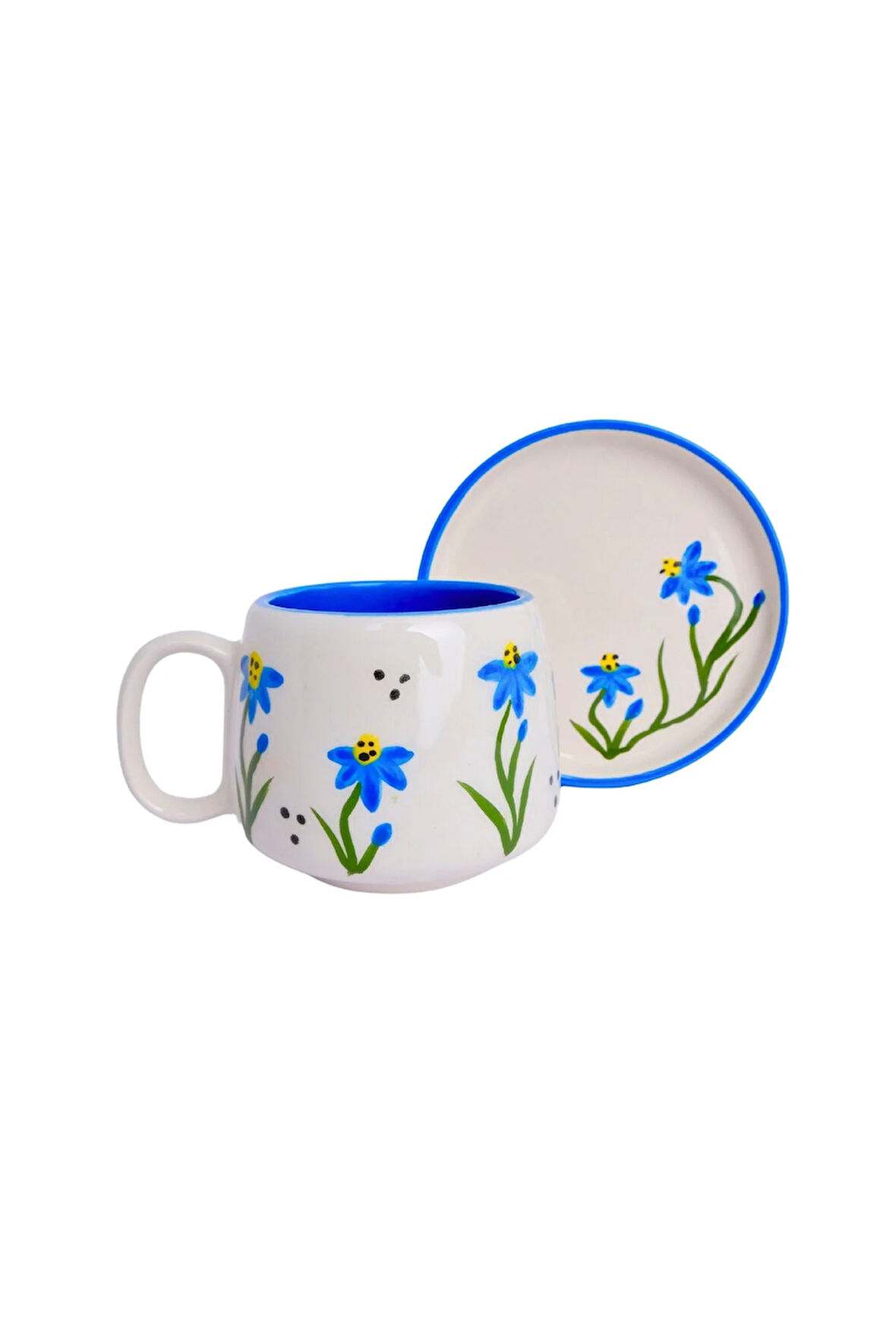 Mavi Çiçek Desenli Tabaklı Double Seramik El Yapımı Kupa, Seramik Kupa, Handmade, Kahve Kupası