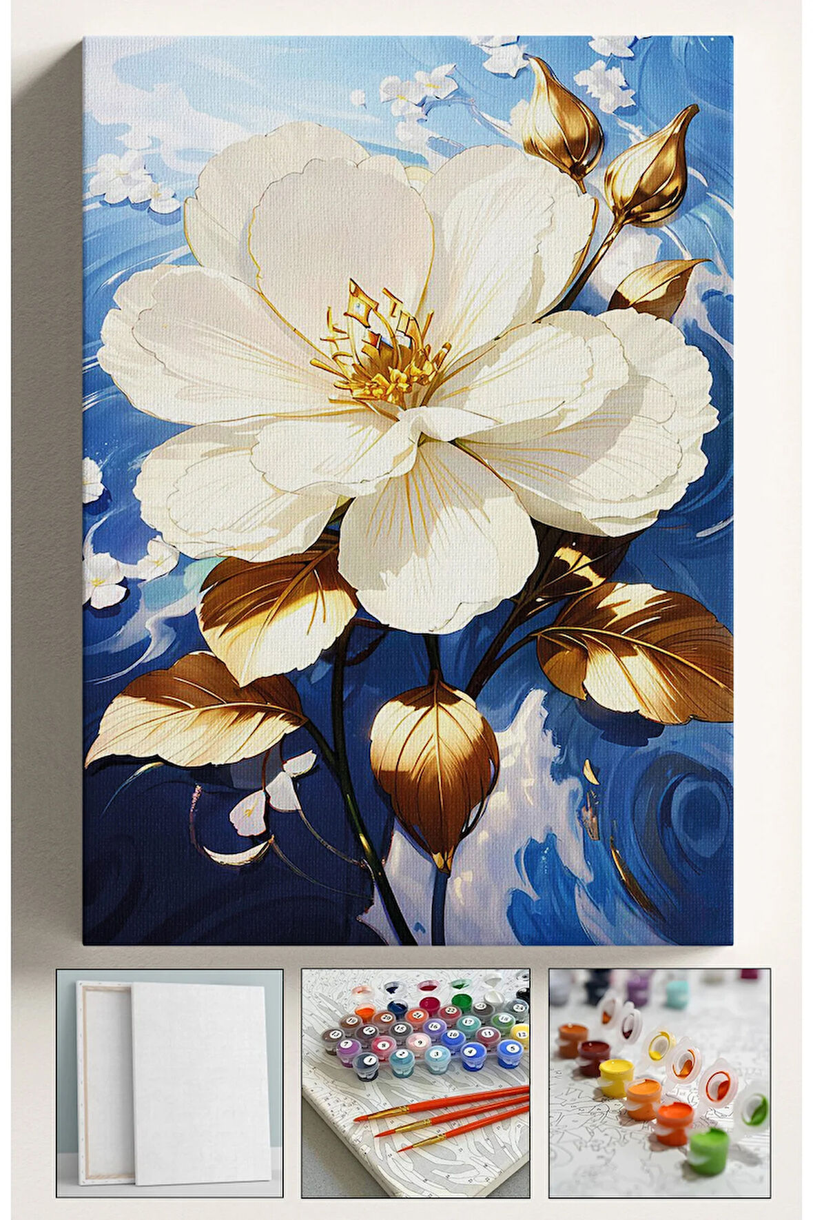 Sayılarla Boyama Hobi Seti Çerçeveli Numaralı Tuval Fırça Boya Dahil Kasnaklı MAVİ GOLD 40x50 Cm