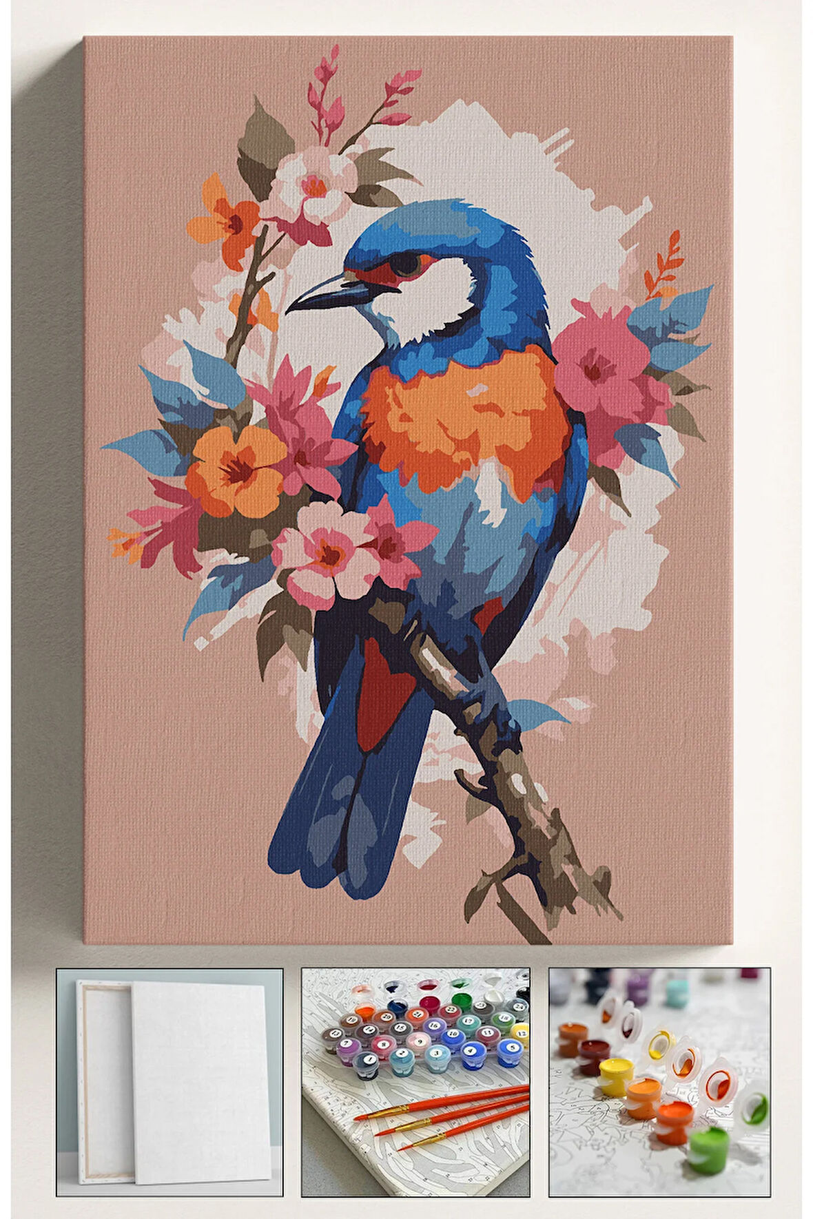 Sayılarla Boyama Çerçeveli Hobi Seti Numaralı Tuval Fırça Boya Dahil Kasnaklı MAVİ KUŞ 40X50 Cm