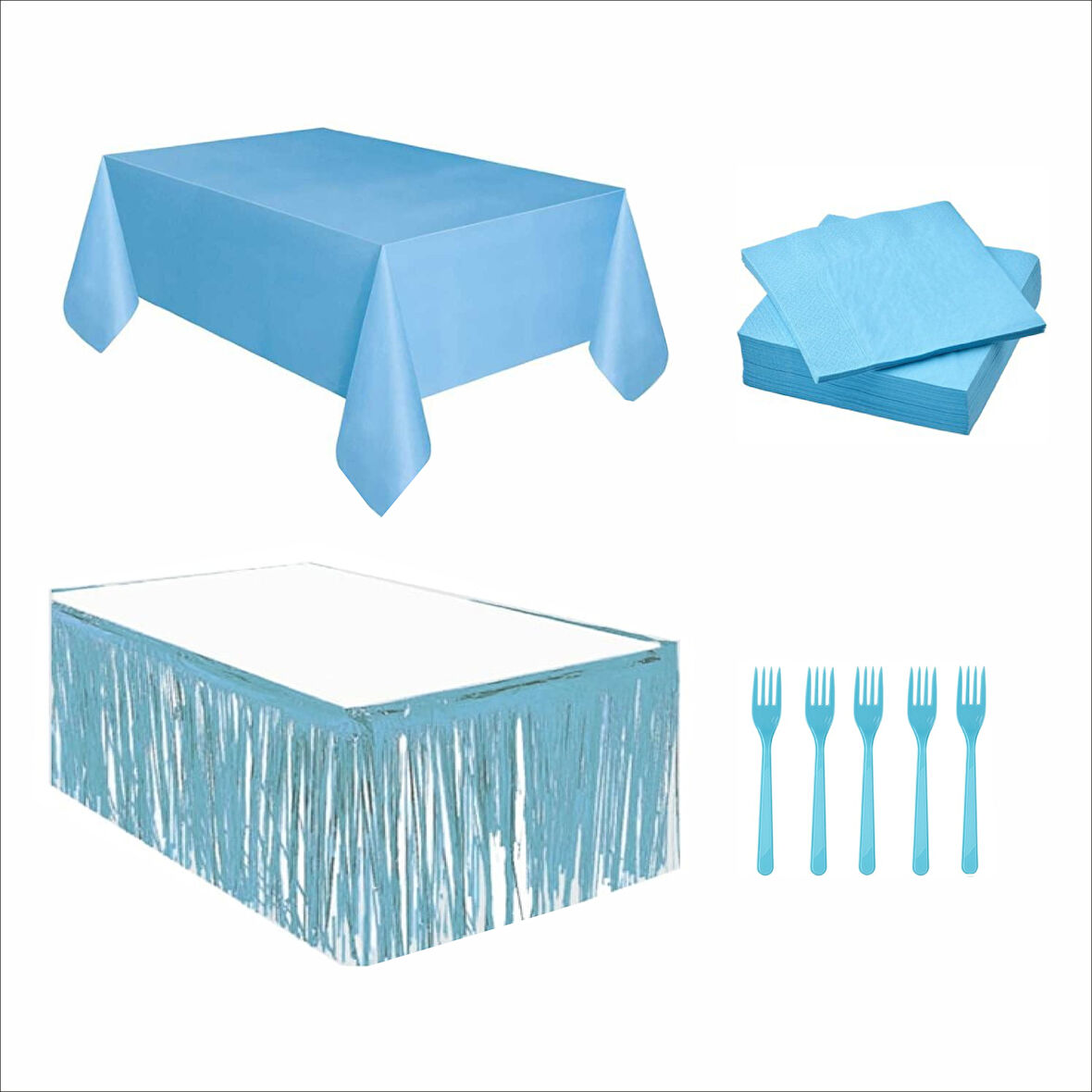 Mavi Masa Örtüsü, Mavi Masa Eteği, 10 adet Peçete, 10 adet Çatal