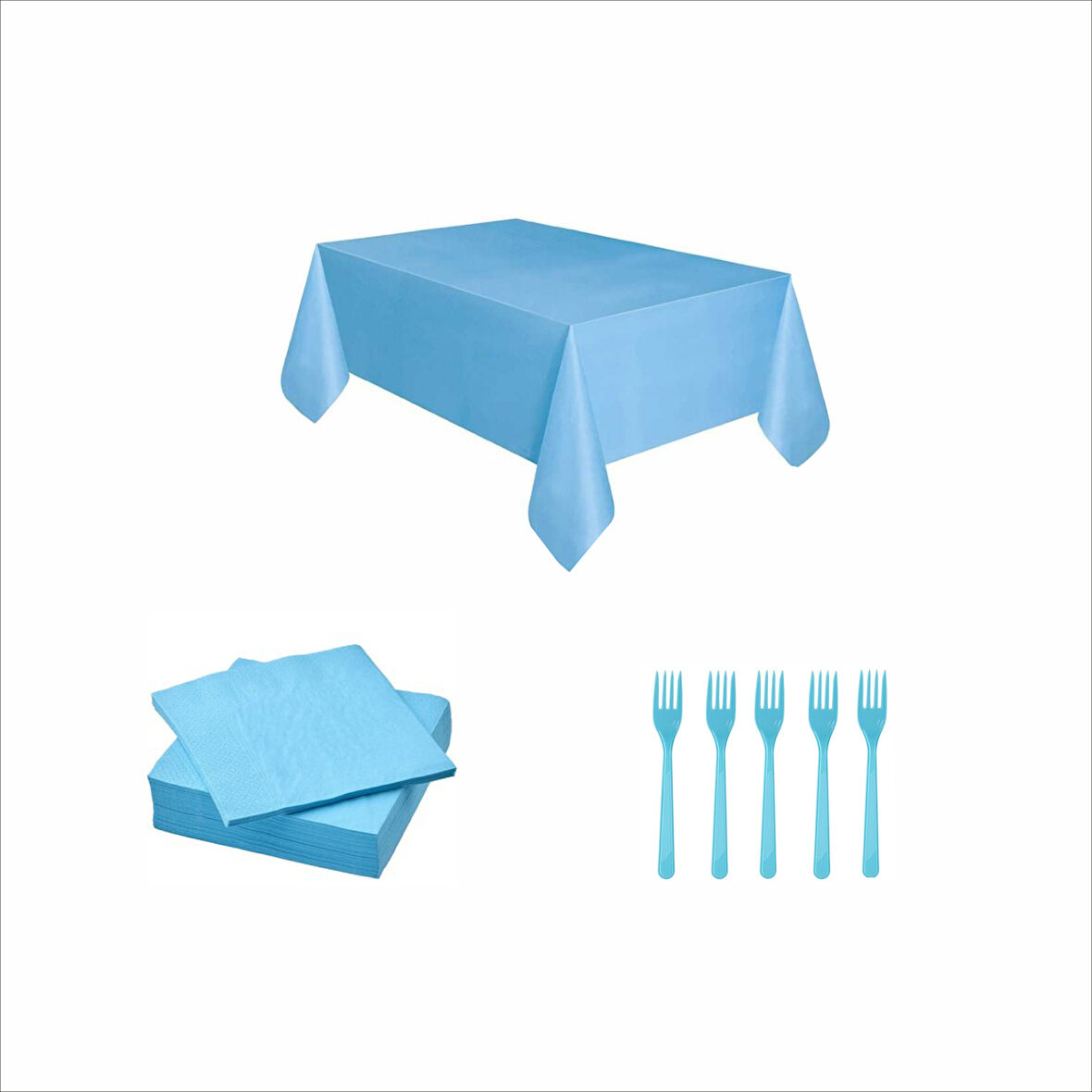 Mavi Masa Örtüsü, 10 adet Peçete, 10 adet Çatal