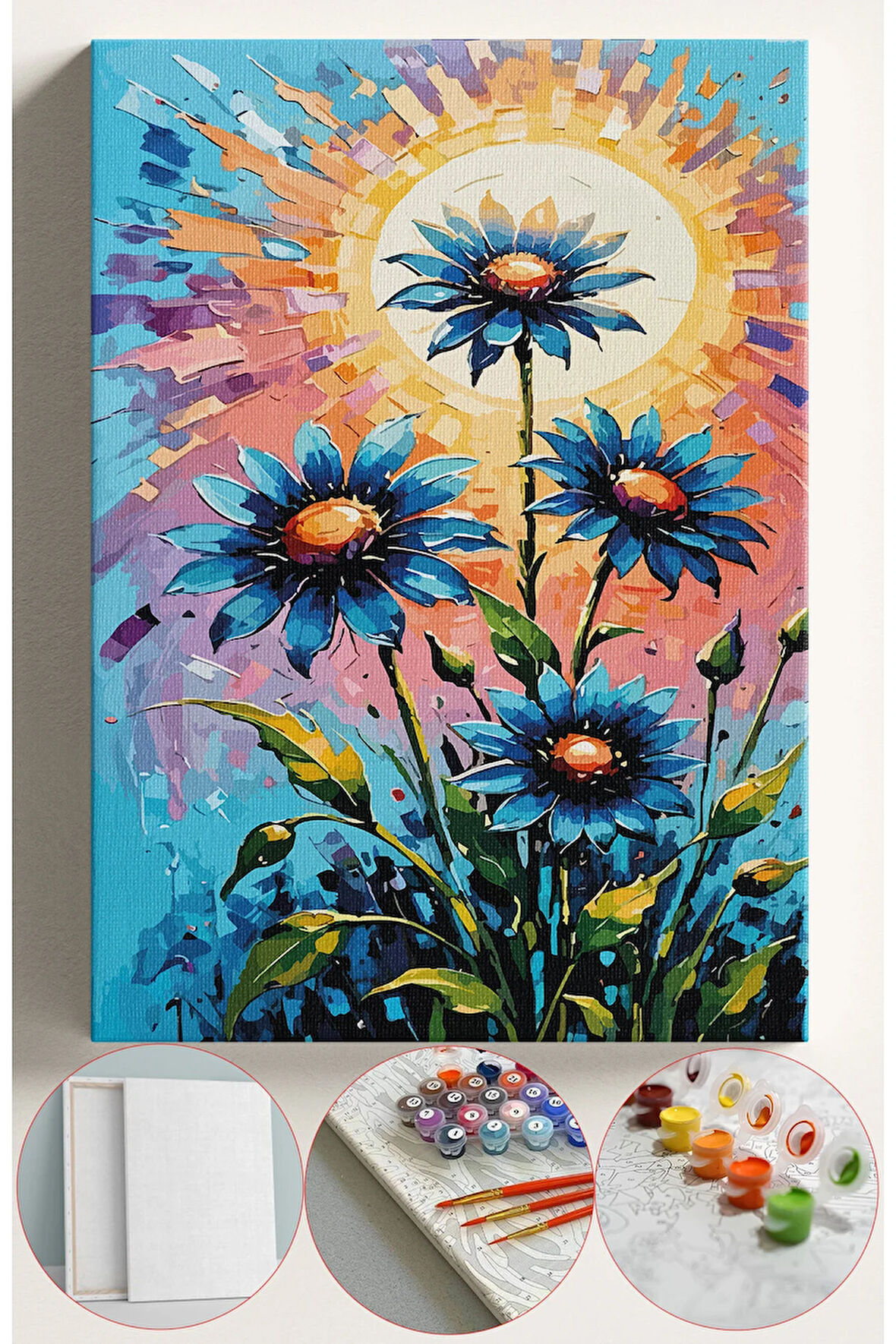 Sayılarla Boyama Seti Numaralı Tuval Fırça Boya 40x50 Cm - MAVİ PAPATYALAR