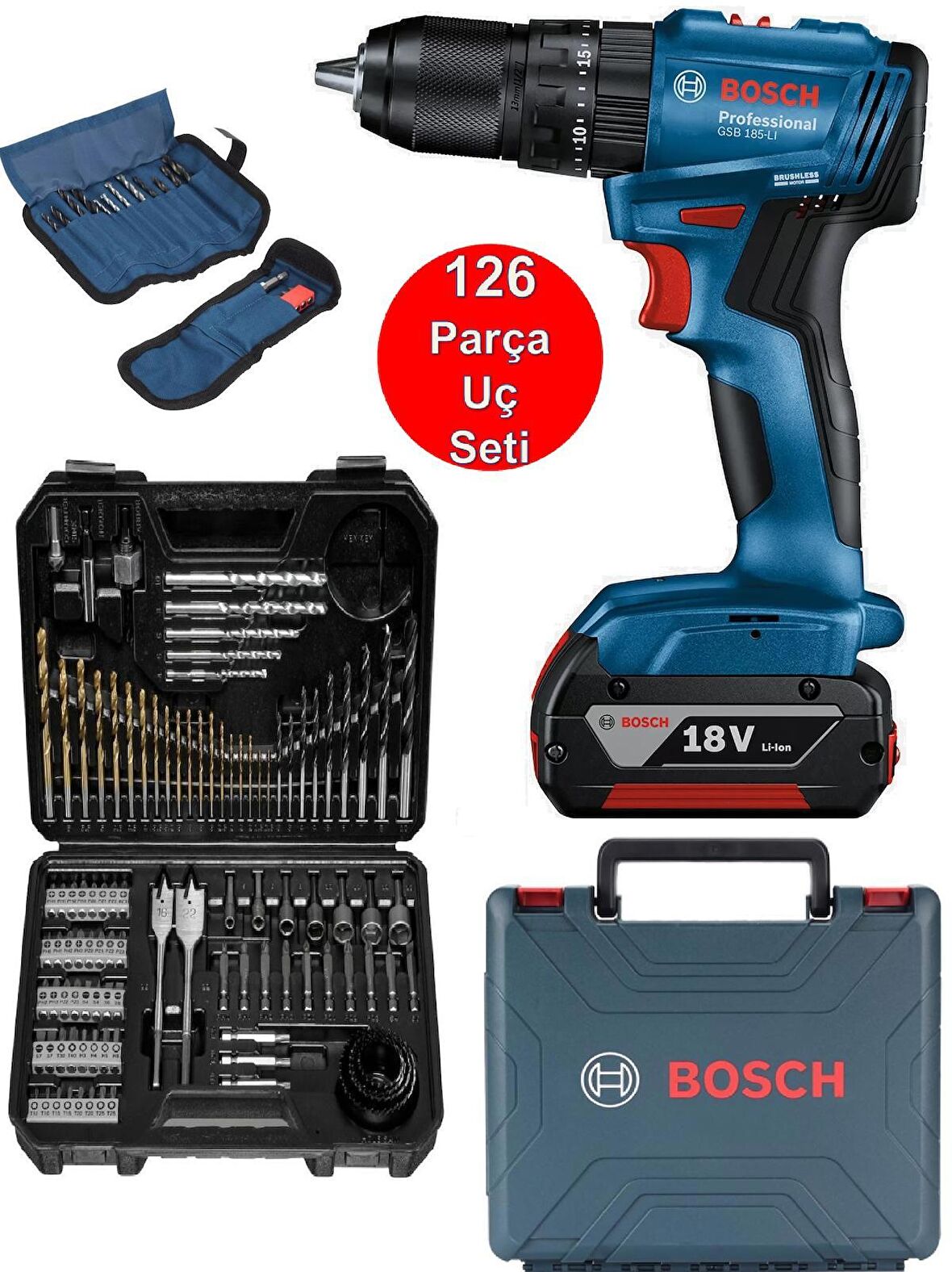 Bosch Tek Akülü Kömürsüz Darbeli Matkap Vidalama Şarjlı Matkap + 126 Parça Matkap Ucu Vidalama Ucu Seti