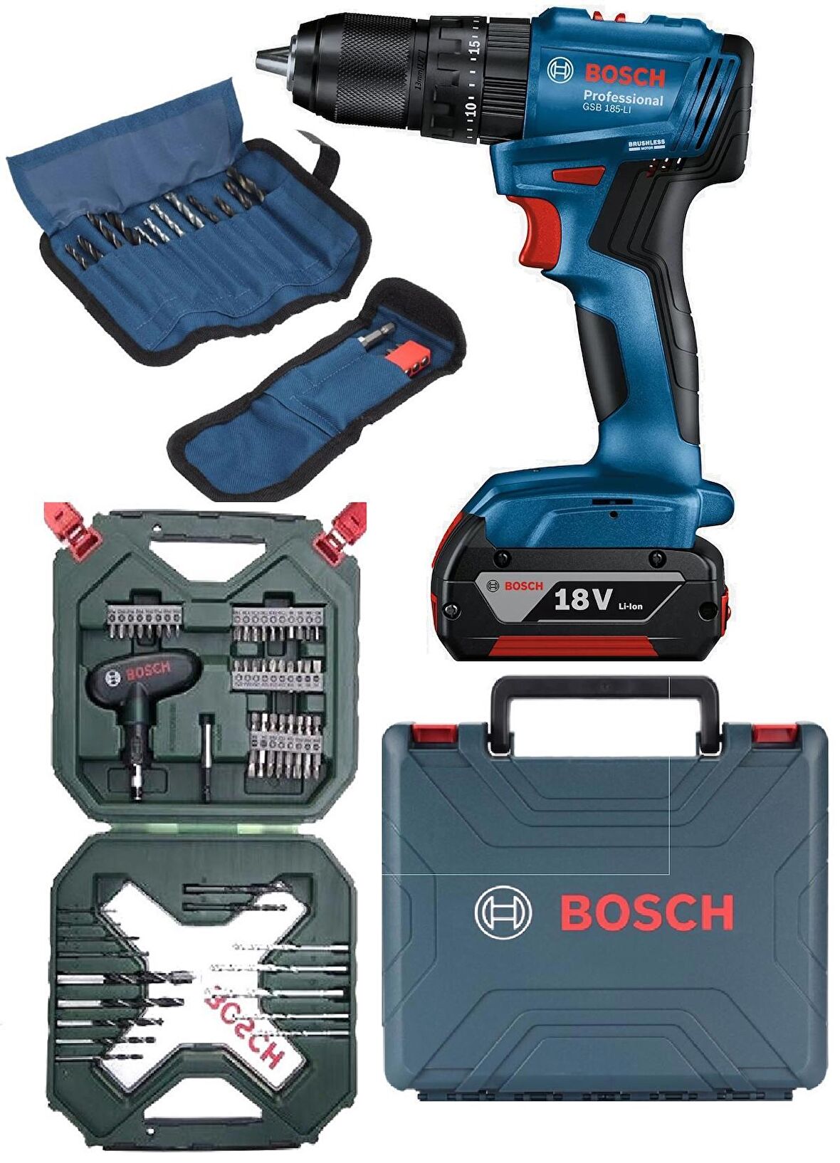 Bosch Tek Akülü Kömürsüz Darbeli Matkap Vidalama Şarjlı Matkap + 77 Parça Aksesuar Seti