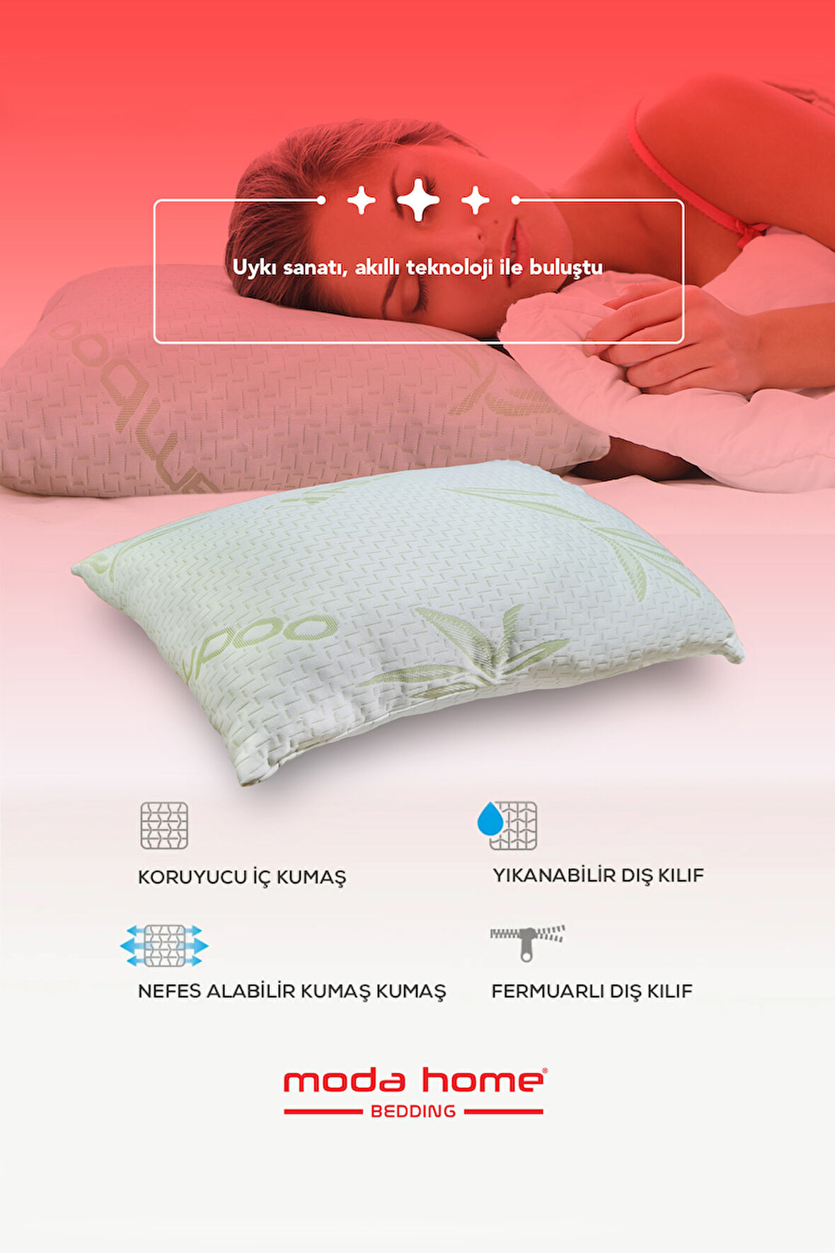 Moda Home Bedding 4 Adet Bamboo Serisi Kılıflı Fermuarlı Yıkanabilir Antialerjik Yastık 50x70cm 850 gr