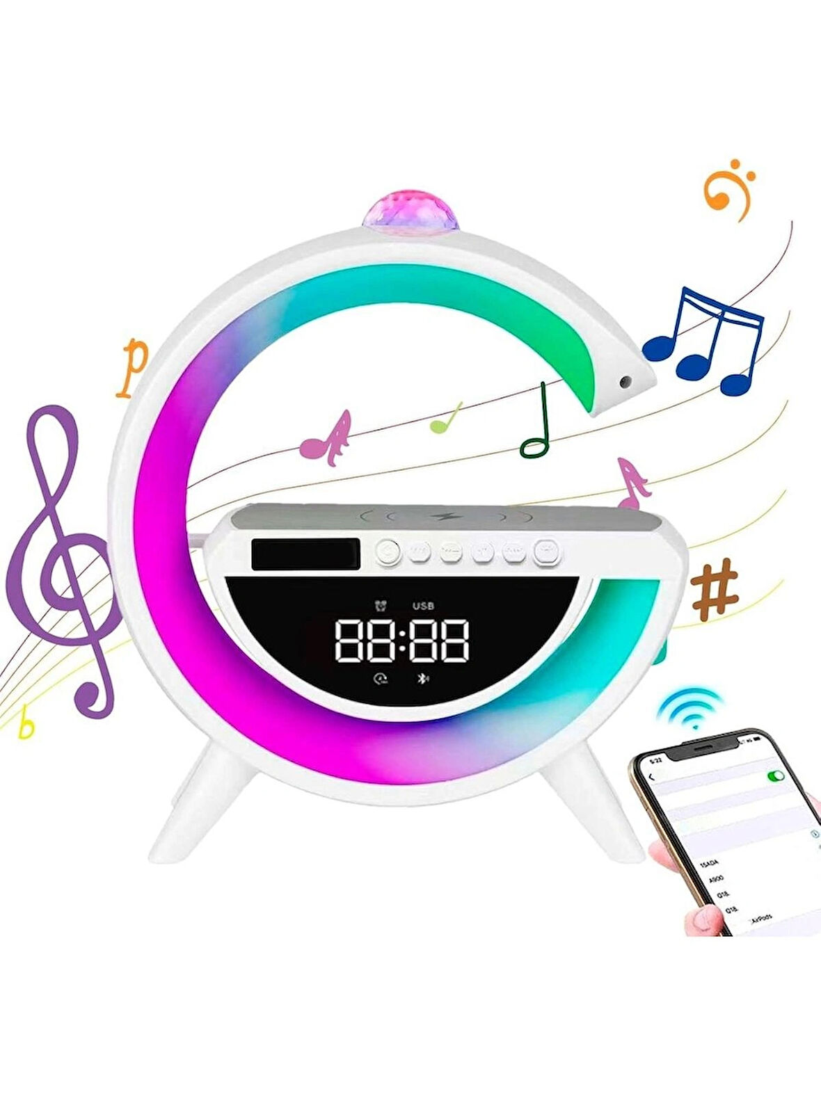 Polygold BT-3402 Dijital Saat Ve Alarmlı RGB Ledli 15w Kablosuz Şarjlı Bluetooth Hoparlör