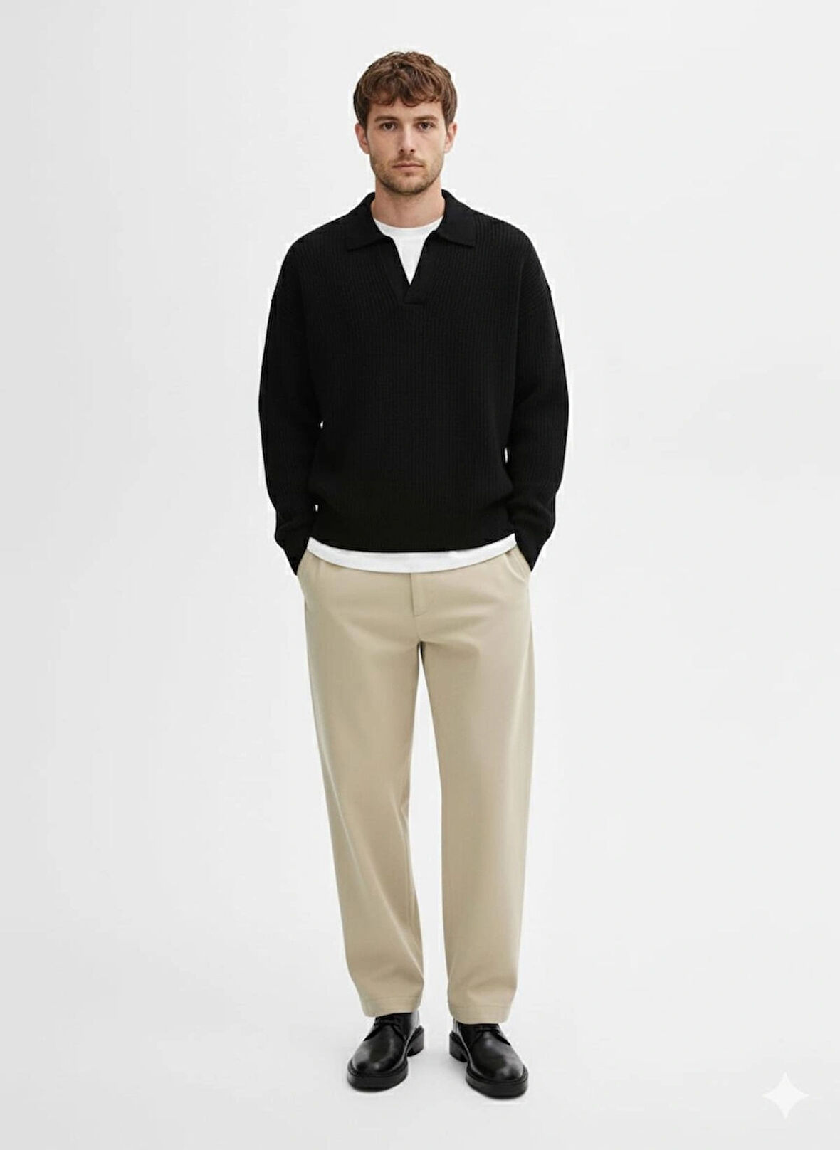 ERKEK-GÖMLEK YAKA-SELANİK ÖRGÜ-PATLI-OVERSIZE-KAZAK