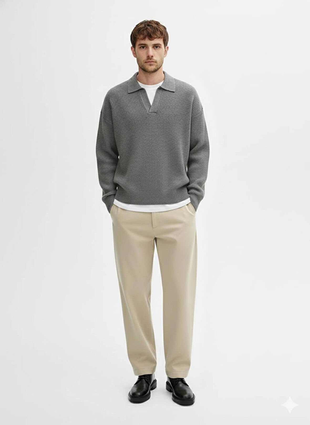 ERKEK-GÖMLEK YAKA-SELANİK ÖRGÜ-PATLI-OVERSIZE-KAZAK