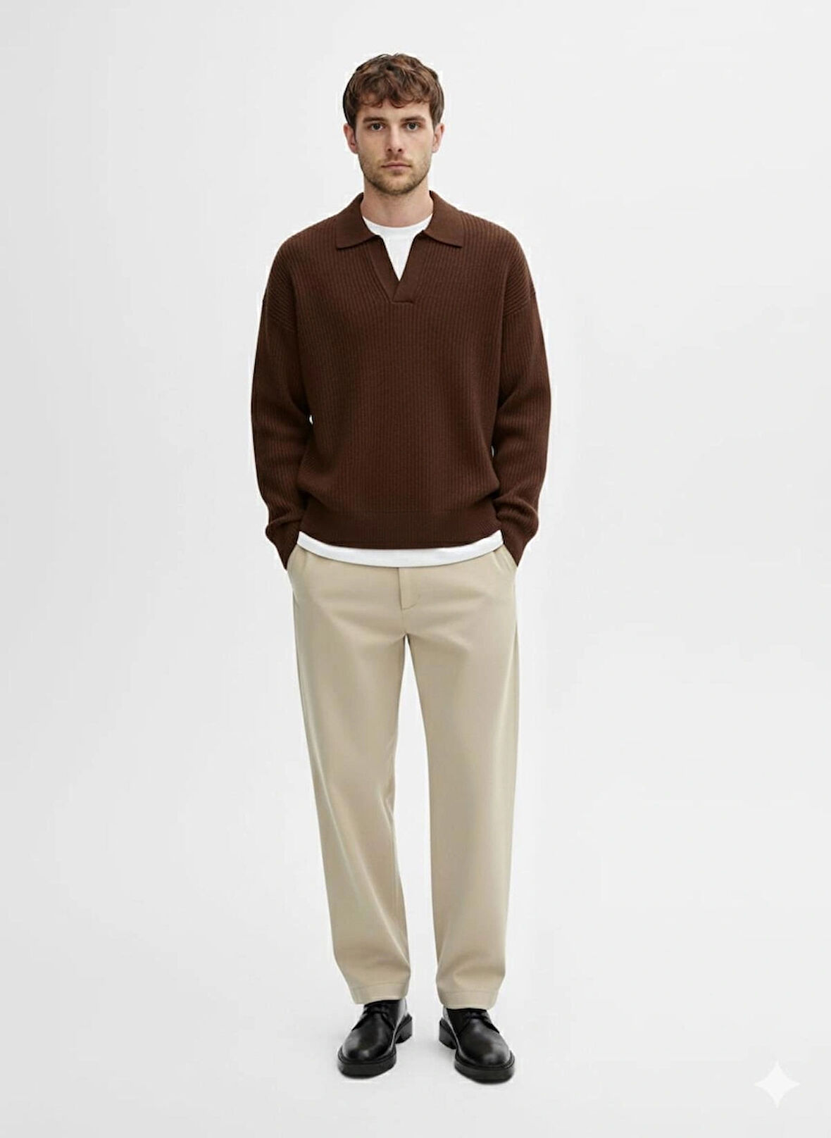 ERKEK-GÖMLEK YAKA-SELANİK ÖRGÜ-PATLI-OVERSIZE-KAZAK