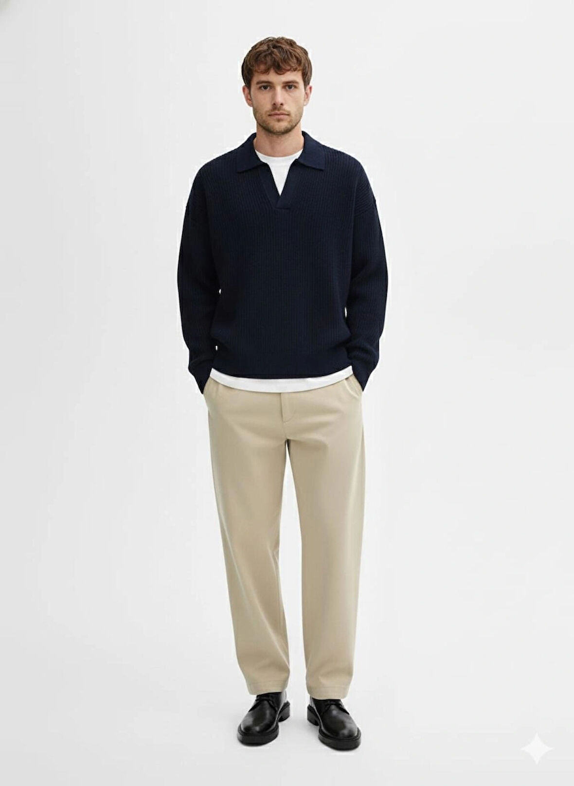 ERKEK-GÖMLEK YAKA-SELANİK ÖRGÜ-PATLI-OVERSIZE-KAZAK