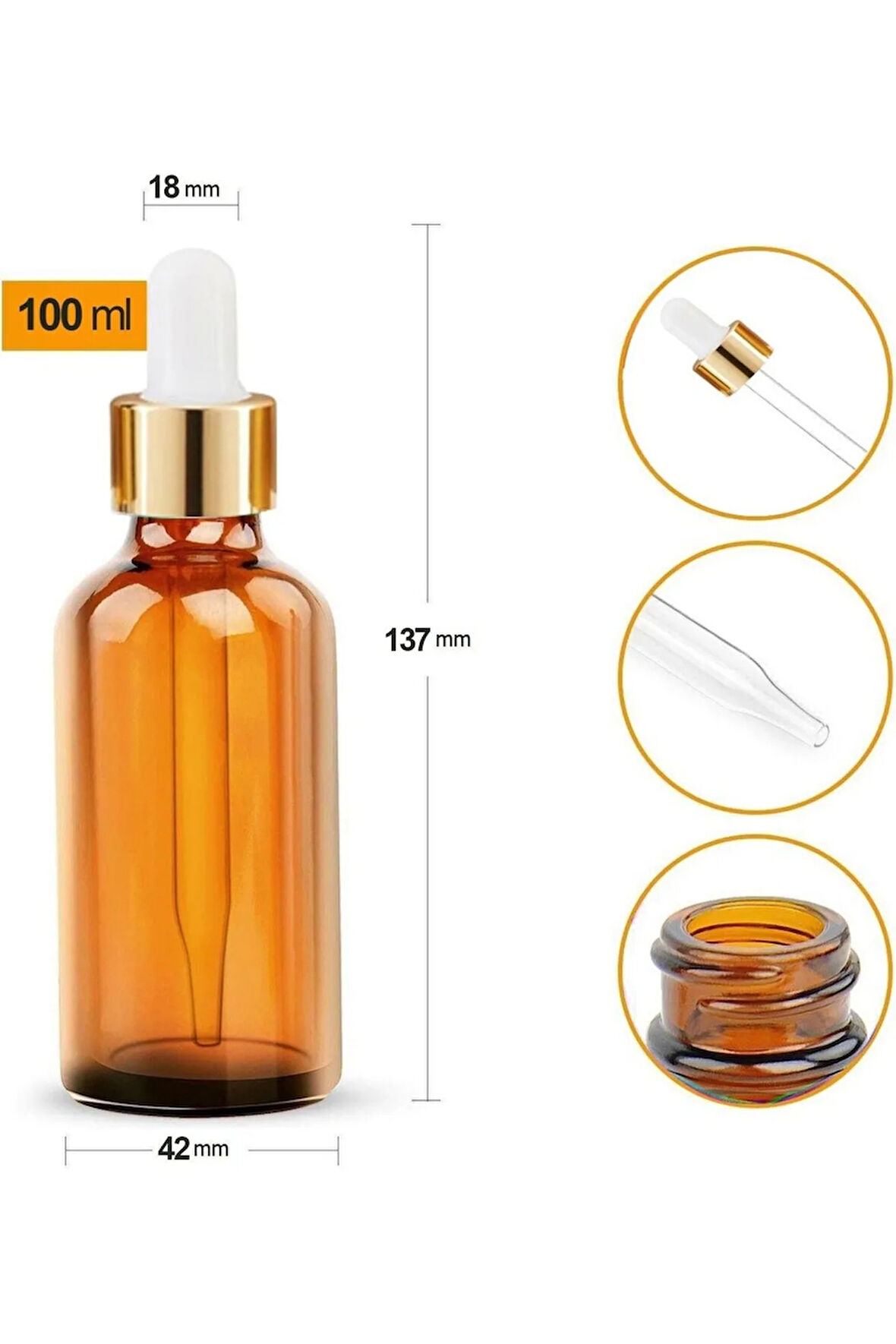 100ML - 3 Adet - Amber Damlalıklı Cam Şişe